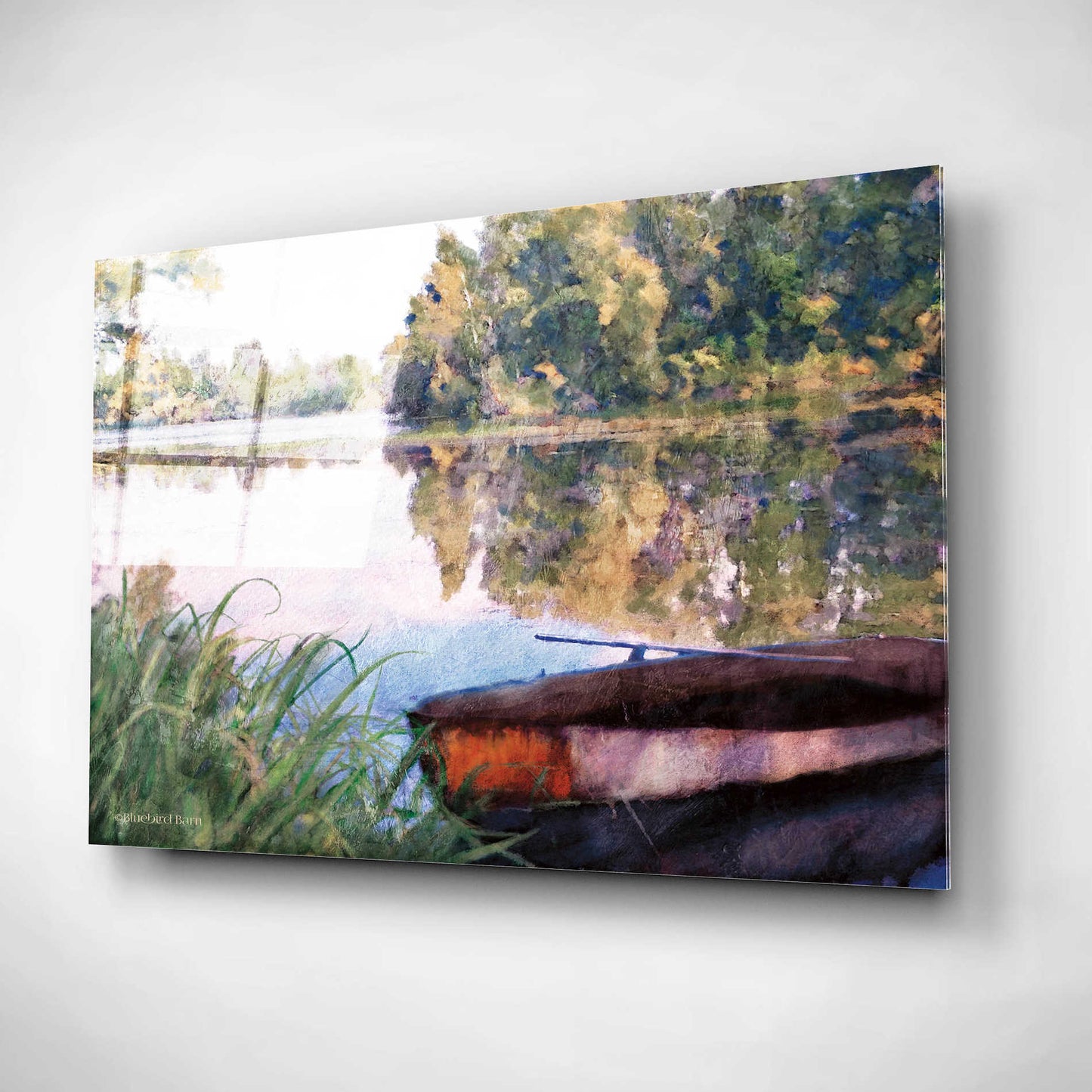 Epic Art 'Rowboat Pond Landscape' by Bluebird Barn, Acrylic Glass Wall Art,16x12