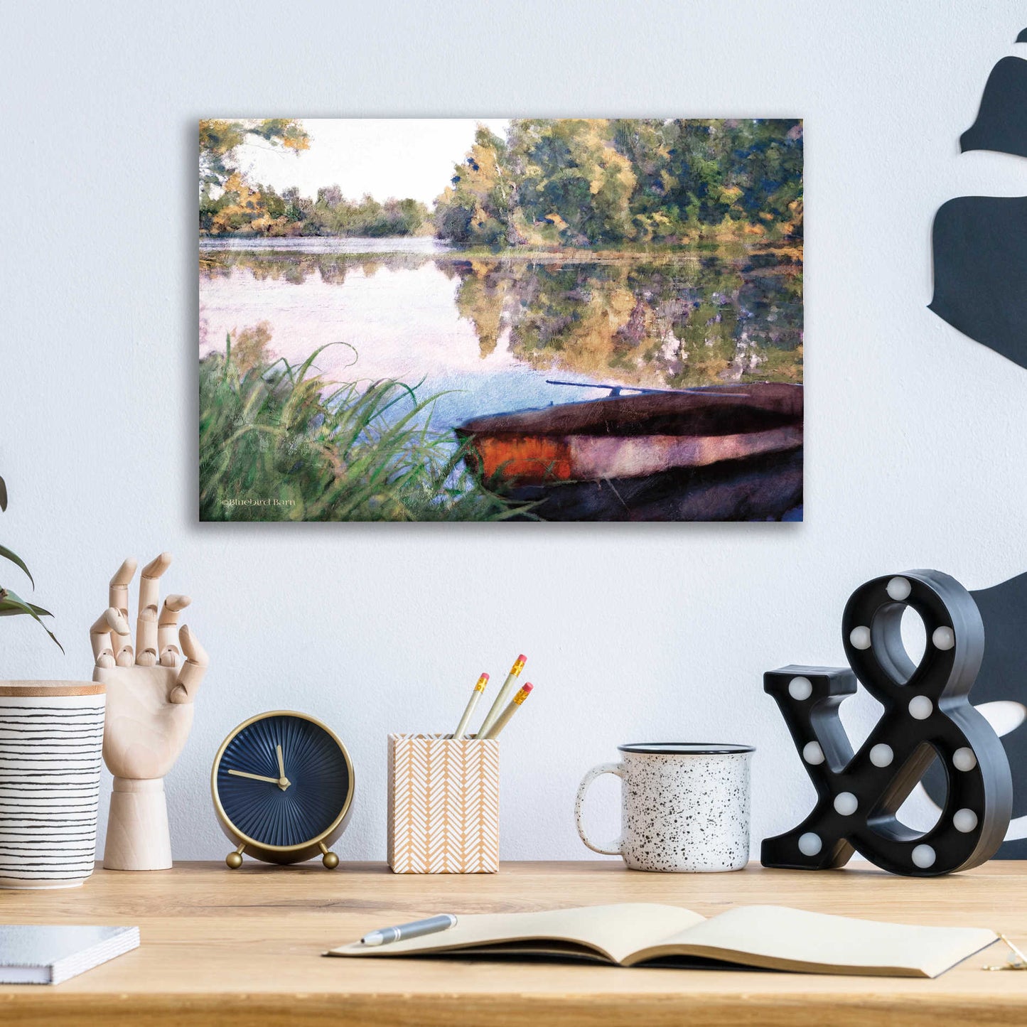 Epic Art 'Rowboat Pond Landscape' by Bluebird Barn, Acrylic Glass Wall Art,16x12