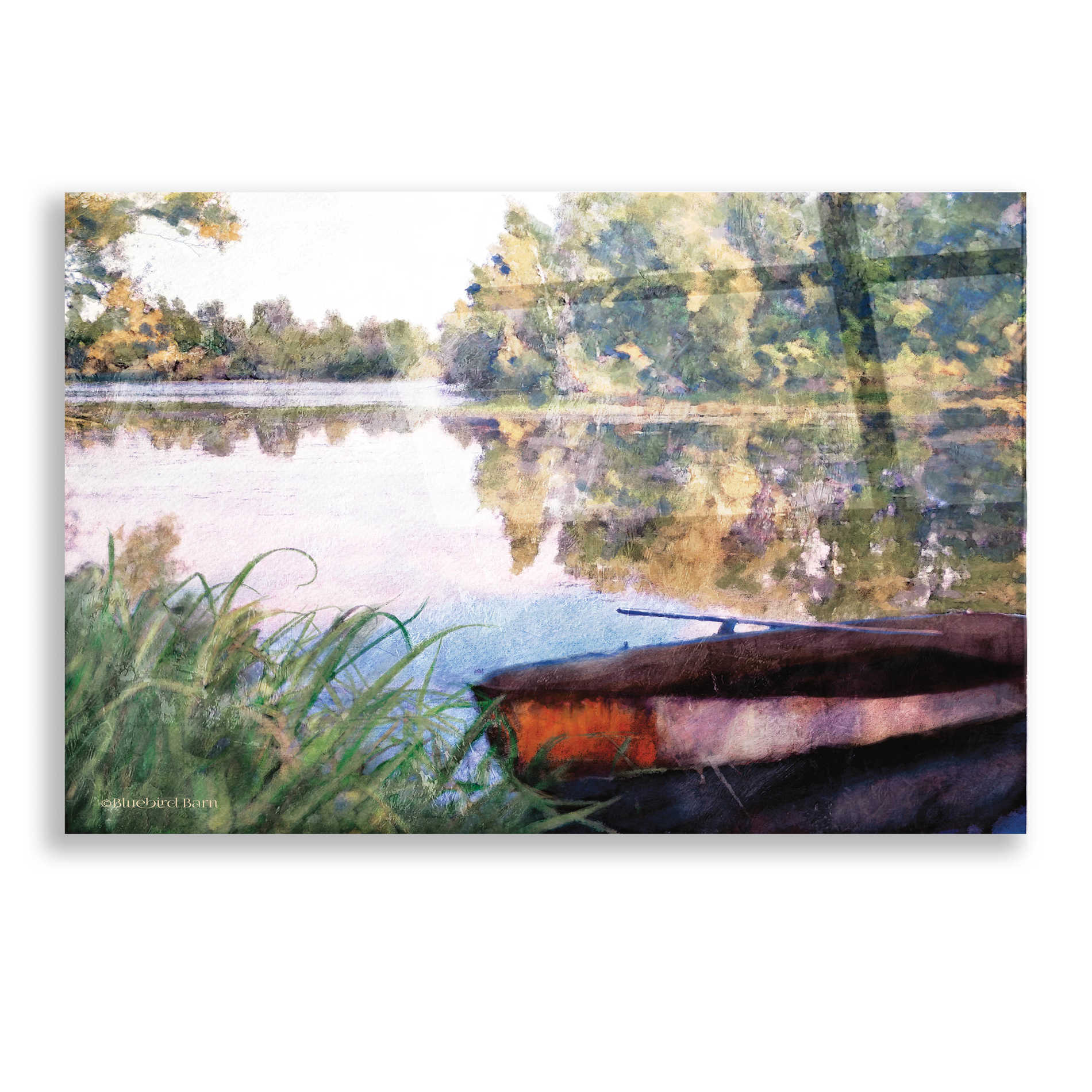 Epic Art 'Rowboat Pond Landscape' by Bluebird Barn, Acrylic Glass Wall Art,16x12