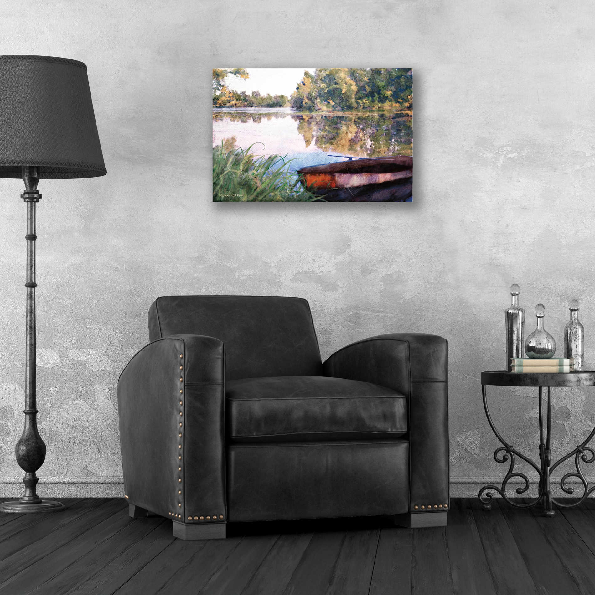 Epic Art 'Rowboat Pond Landscape' by Bluebird Barn, Acrylic Glass Wall Art,24x16