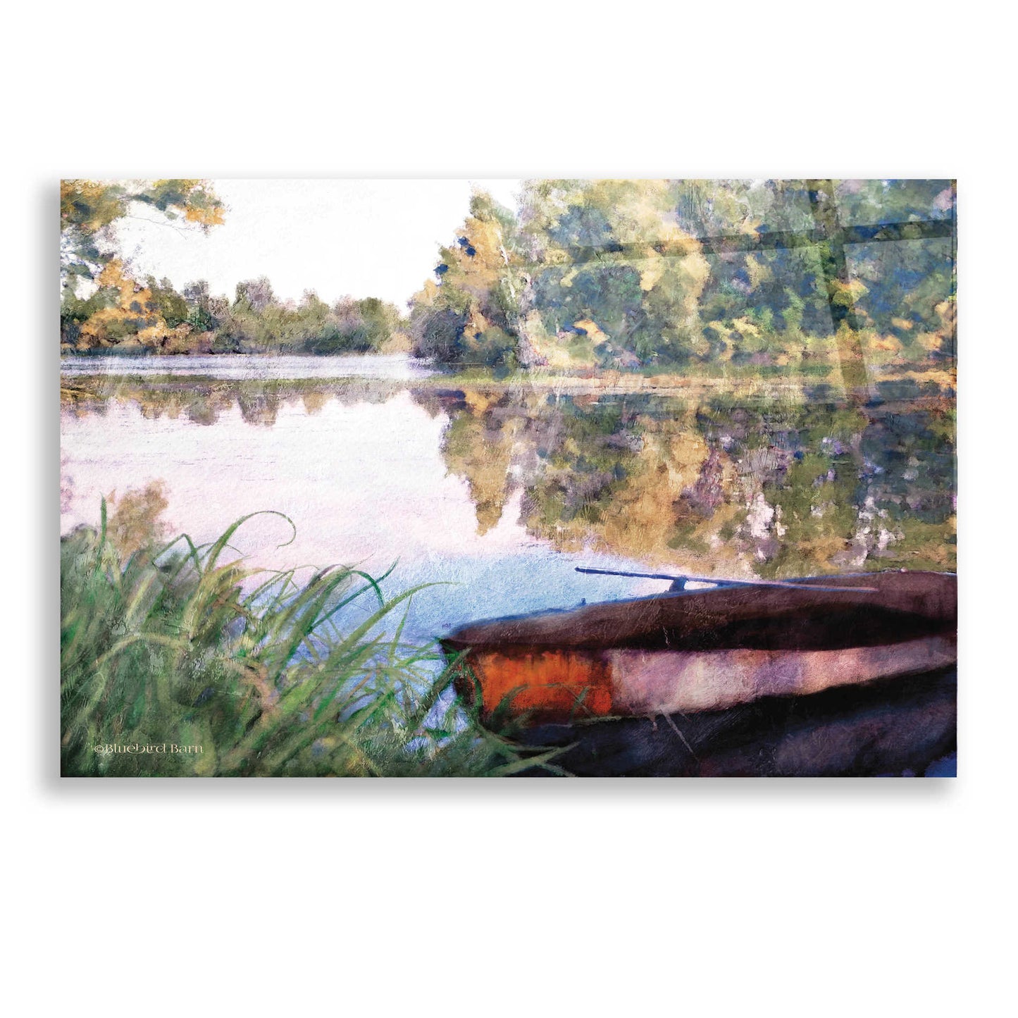 Epic Art 'Rowboat Pond Landscape' by Bluebird Barn, Acrylic Glass Wall Art,24x16