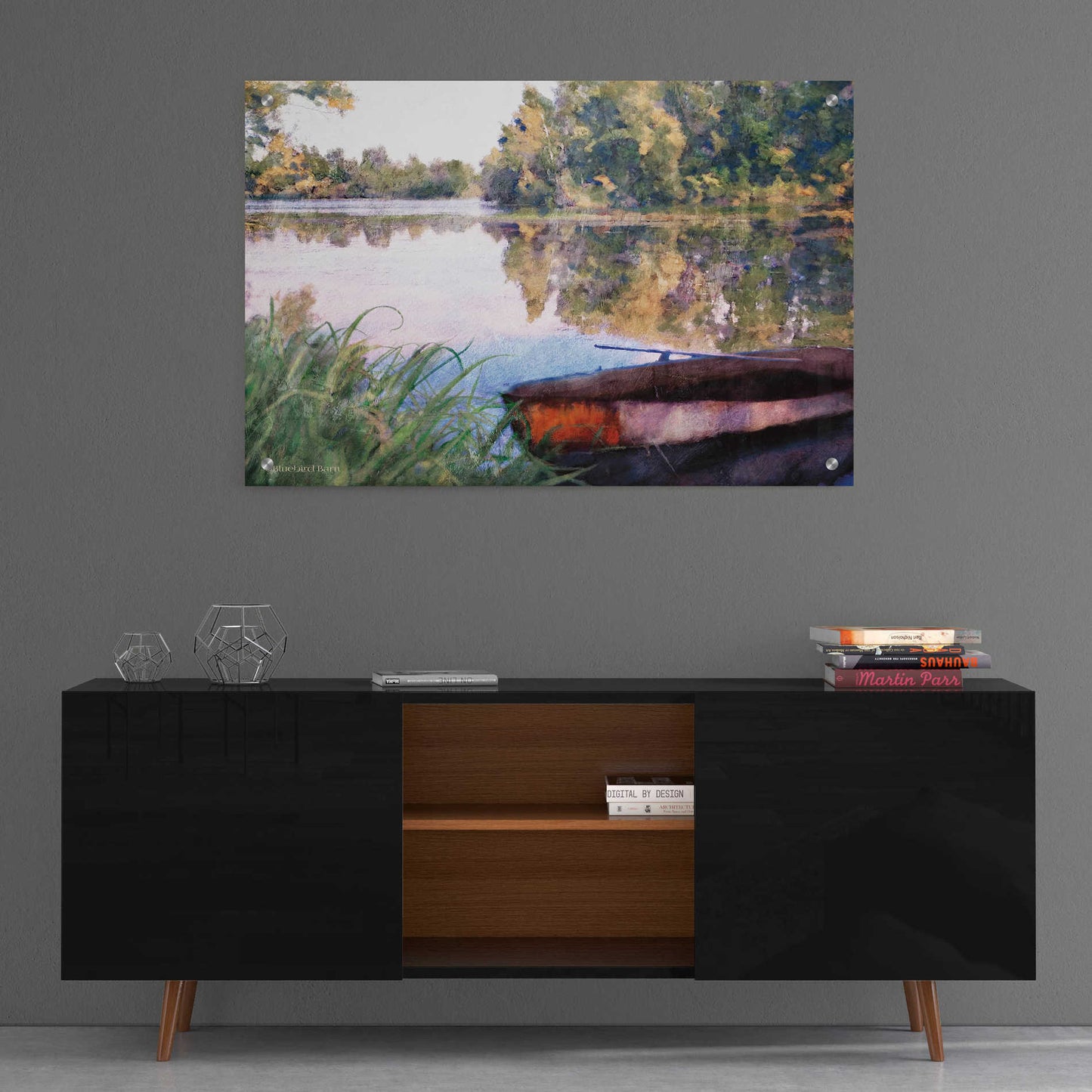 Epic Art 'Rowboat Pond Landscape' by Bluebird Barn, Acrylic Glass Wall Art,36x24