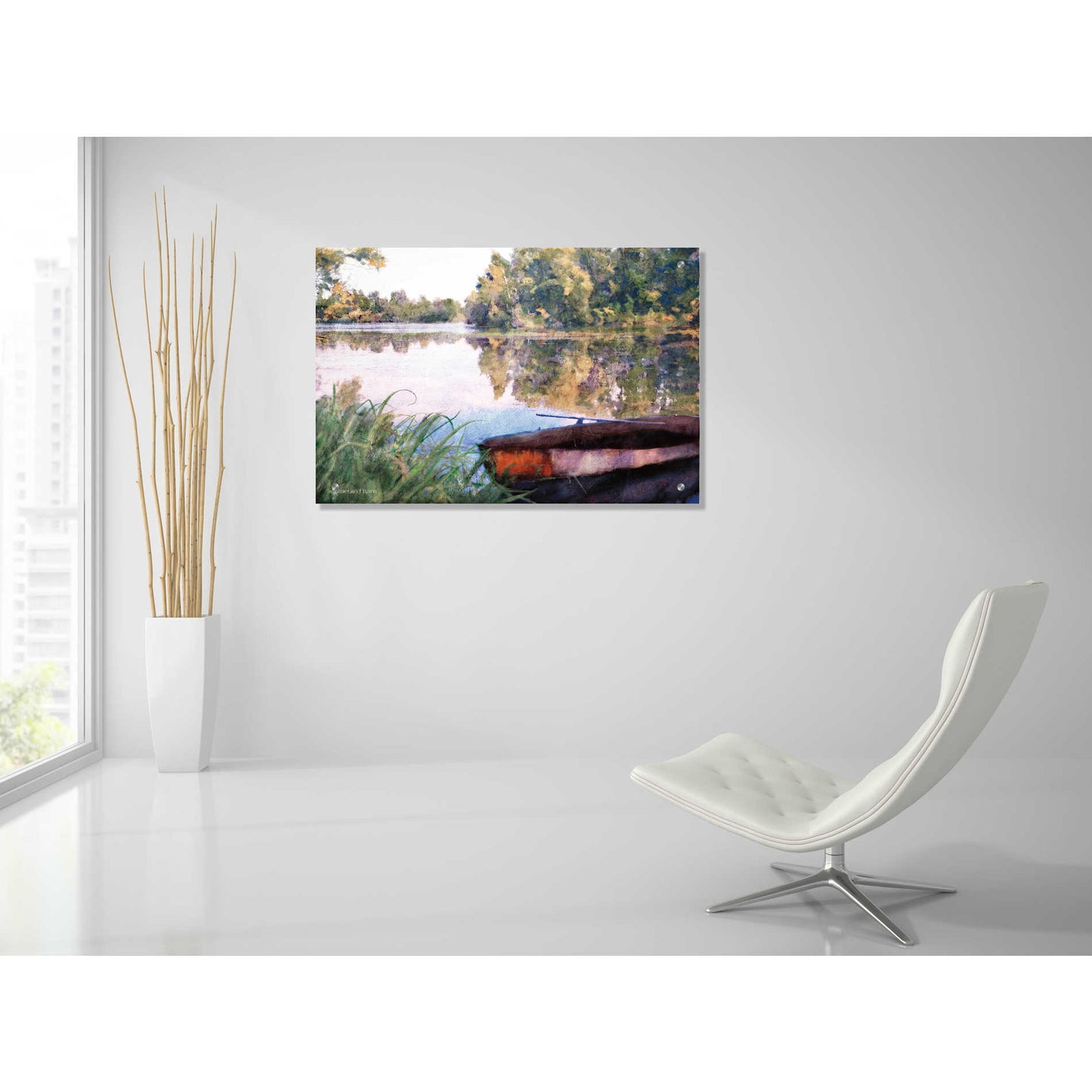 Epic Art 'Rowboat Pond Landscape' by Bluebird Barn, Acrylic Glass Wall Art,36x24