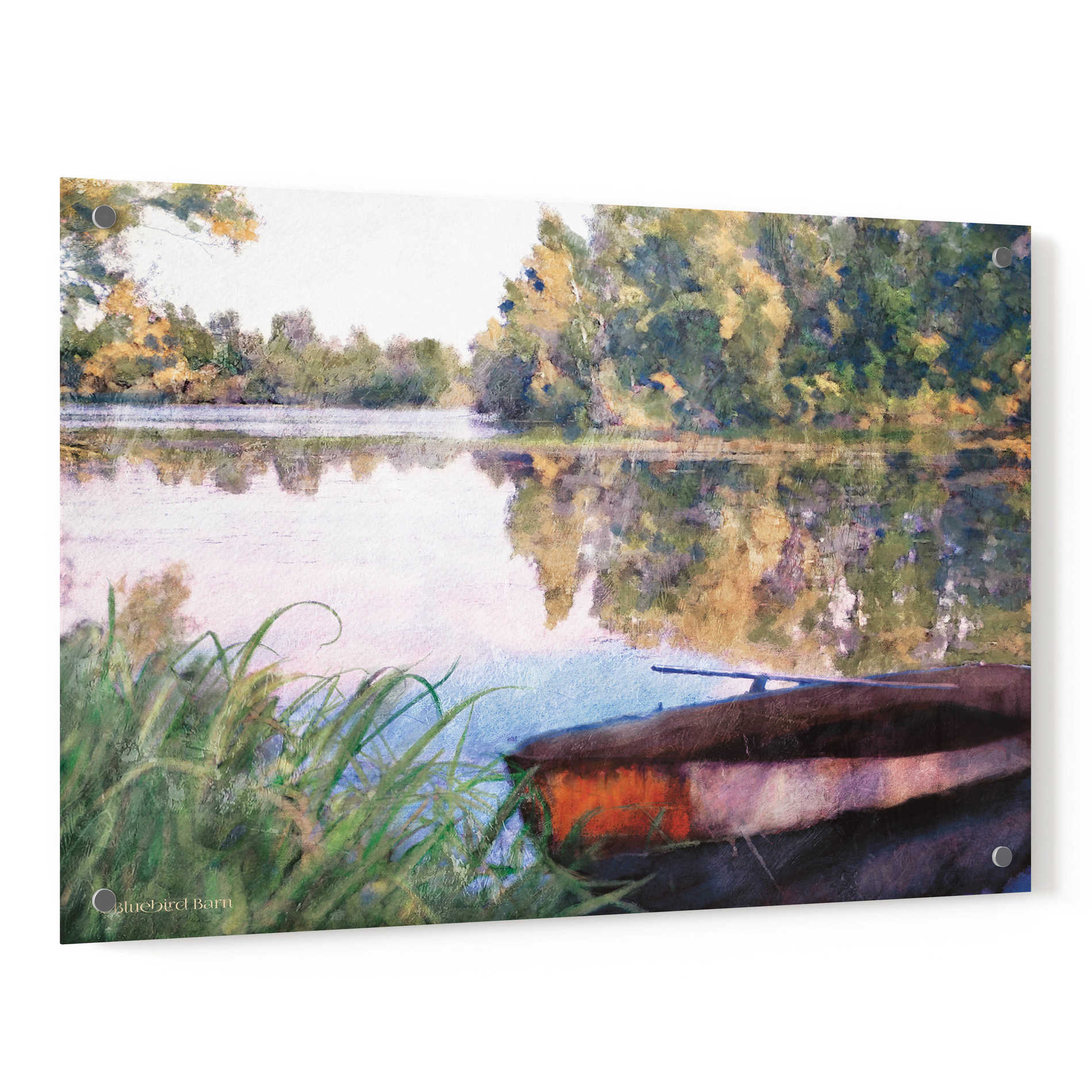 Epic Art 'Rowboat Pond Landscape' by Bluebird Barn, Acrylic Glass Wall Art,36x24