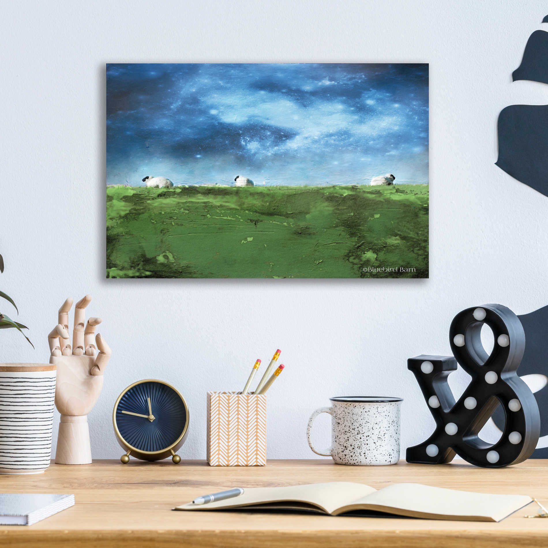 Epic Art 'Distant Hillside Sheep by Night' by Bluebird Barn, Acrylic Glass Wall Art,16x12