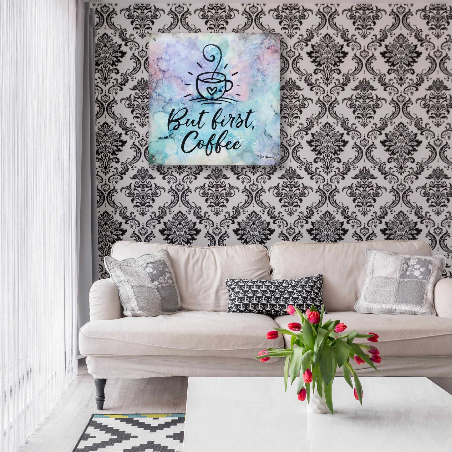 Epic Art 'But First Coffee' by Britt Hallowell, Acrylic Glass Wall Art,24x24