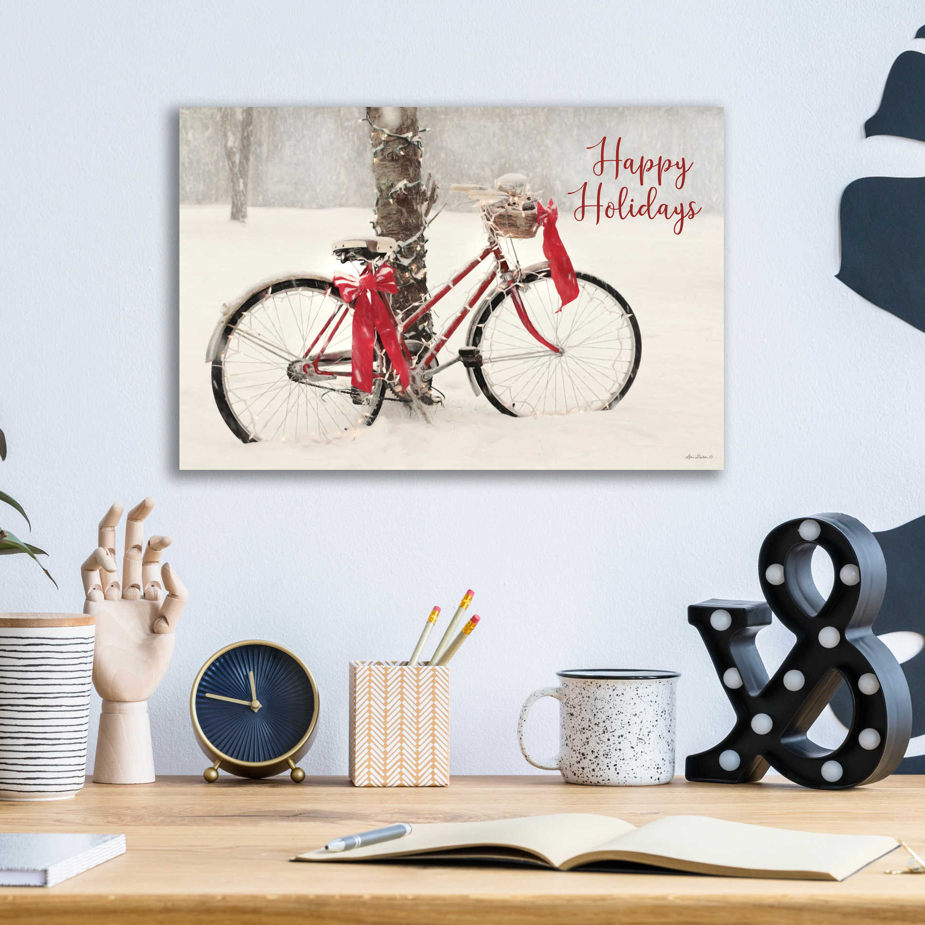 Epic Art 'Happy Holidays Snowy Bike' by Lori Deiter, Acrylic Glass Wall Art,16x12