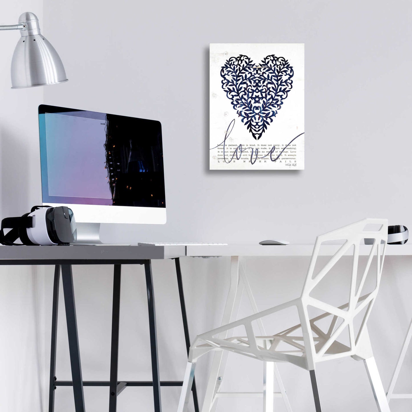 Epic Art 'Love Never Fails in Navy' by Cindy Jacobs, Acrylic Glass Wall Art,12x16