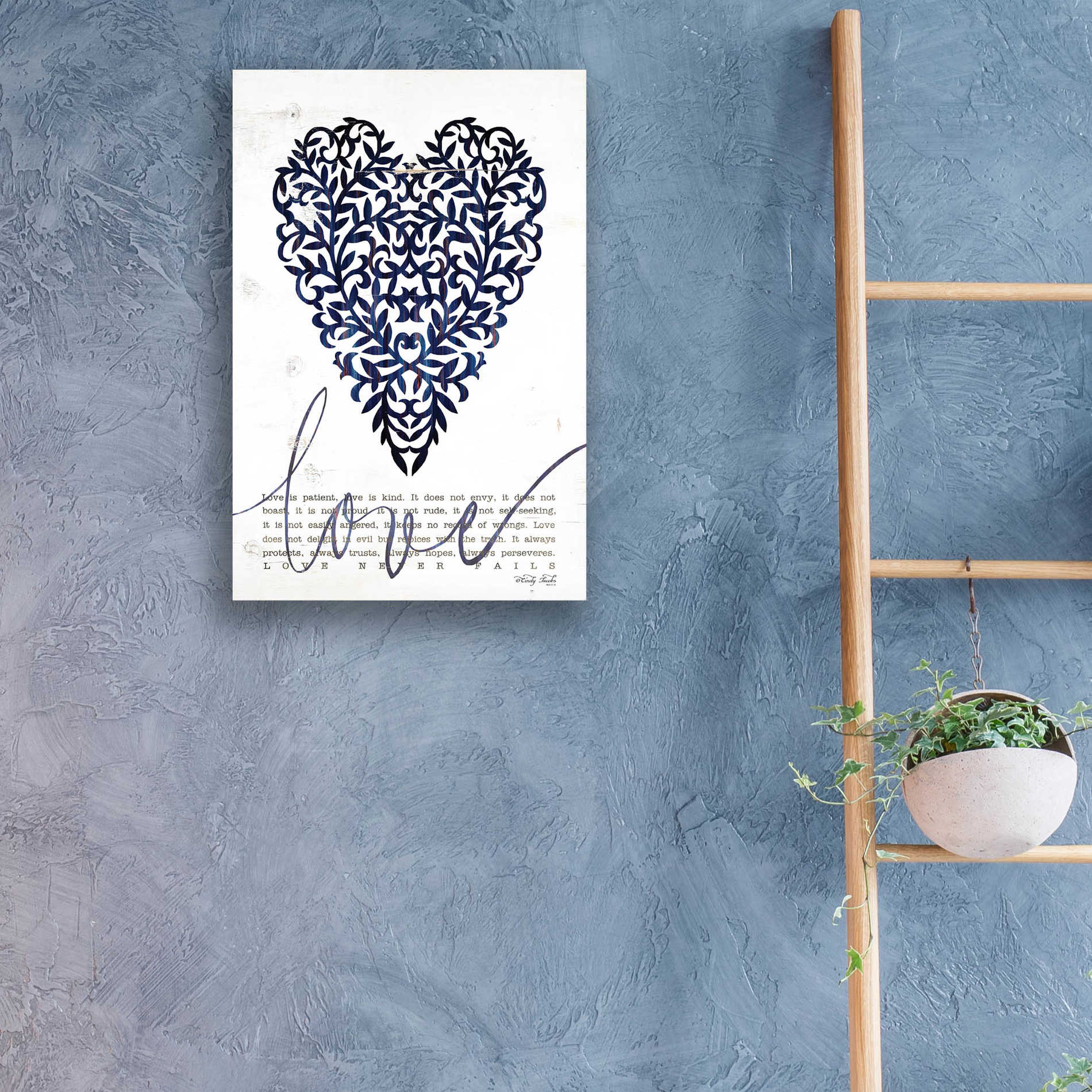 Epic Art 'Love Never Fails in Navy' by Cindy Jacobs, Acrylic Glass Wall Art,16x24