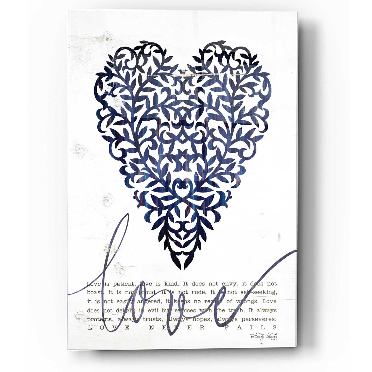 Epic Art 'Love Never Fails in Navy' by Cindy Jacobs, Acrylic Glass Wall Art