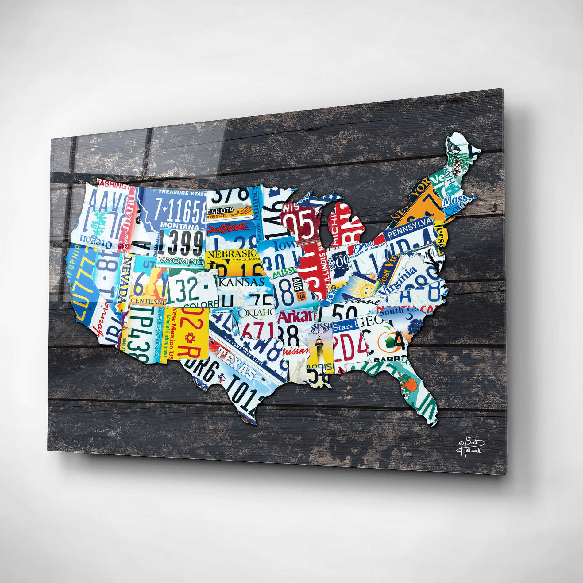 Epic Art 'USA License Plate Map' by Britt Hallowell, Acrylic Glass Wall Art,16x12