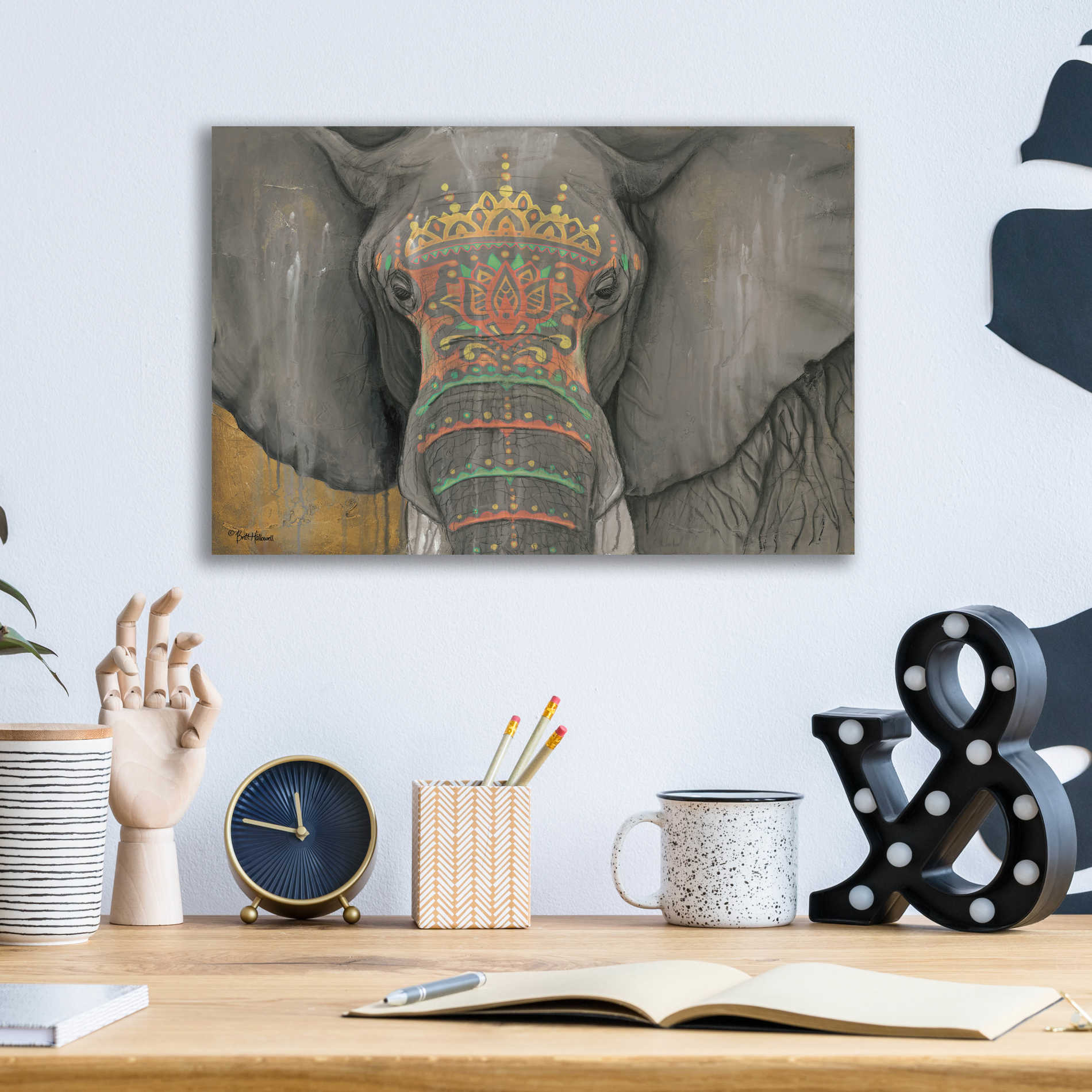Epic Art 'Tattooed Elephant' by Britt Hallowell, Acrylic Glass Wall Art,16x12