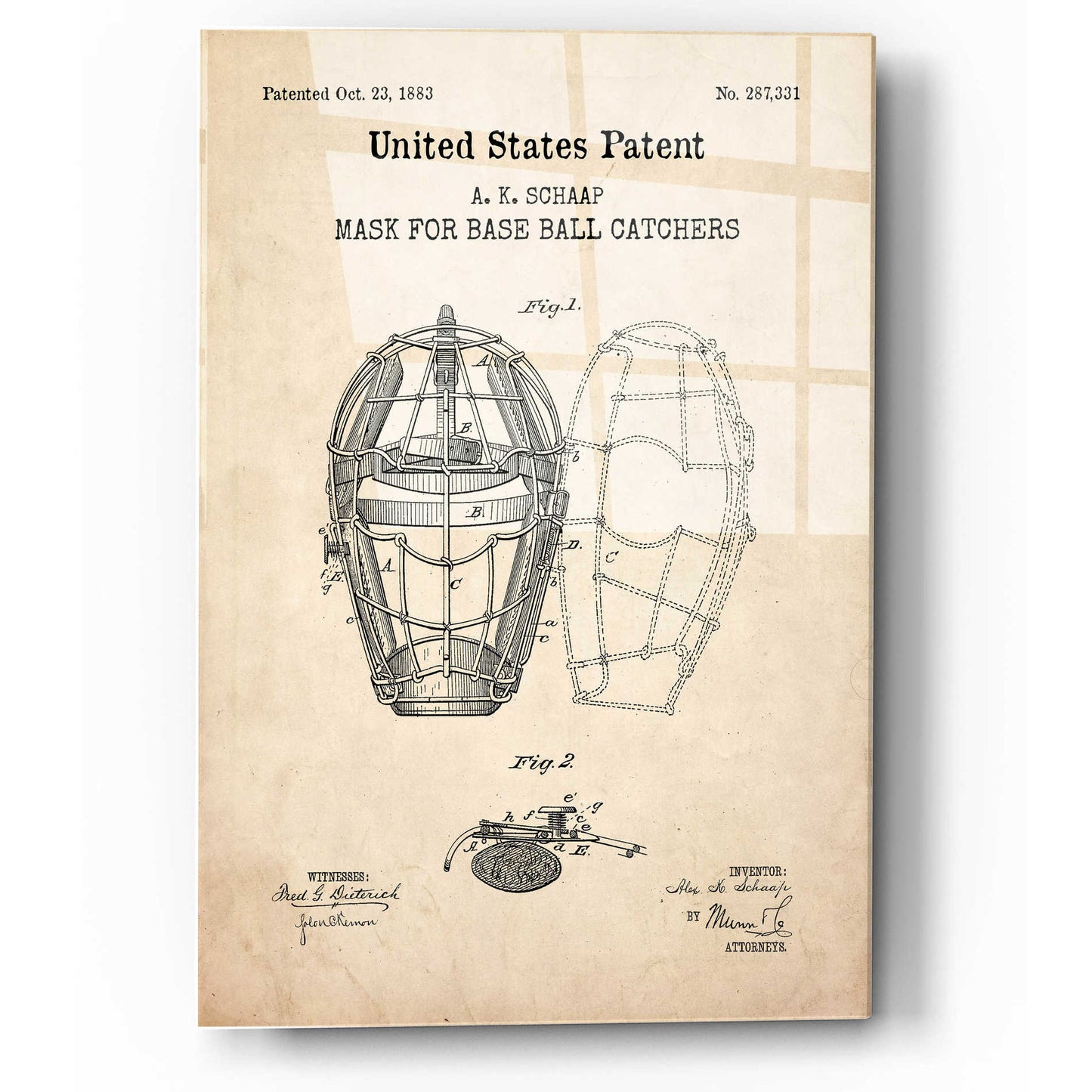 Epic Art 'Baseball Catchers Mask Blueprint Patent Parchment,' Acrylic Glass Wall Art,12x16