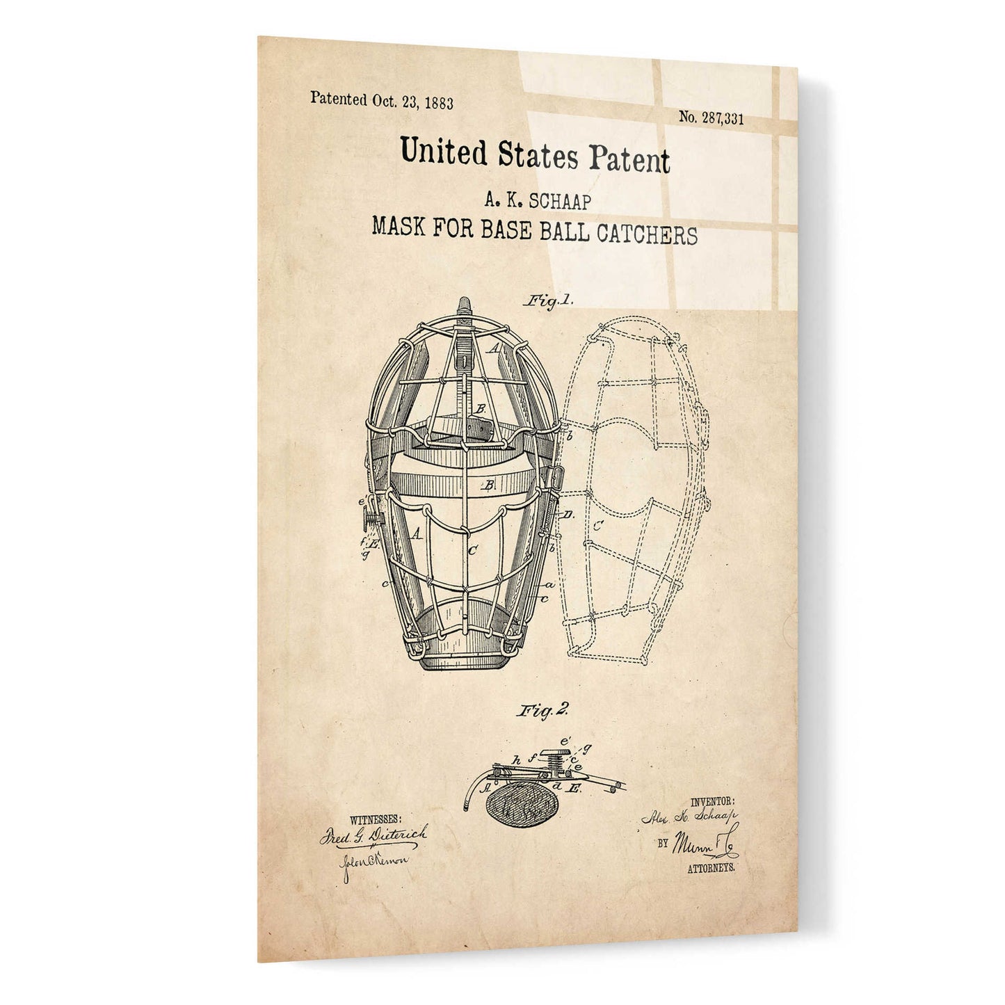 Epic Art 'Baseball Catchers Mask Blueprint Patent Parchment,' Acrylic Glass Wall Art,16x24