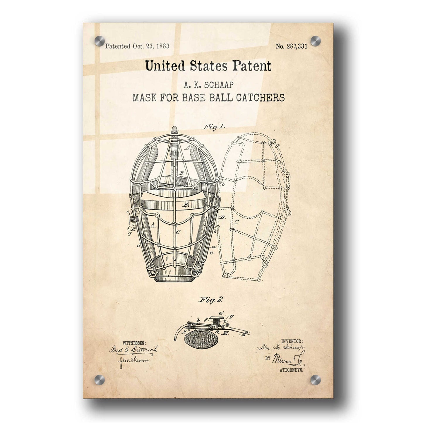 Epic Art 'Baseball Catchers Mask Blueprint Patent Parchment,' Acrylic Glass Wall Art,24x36