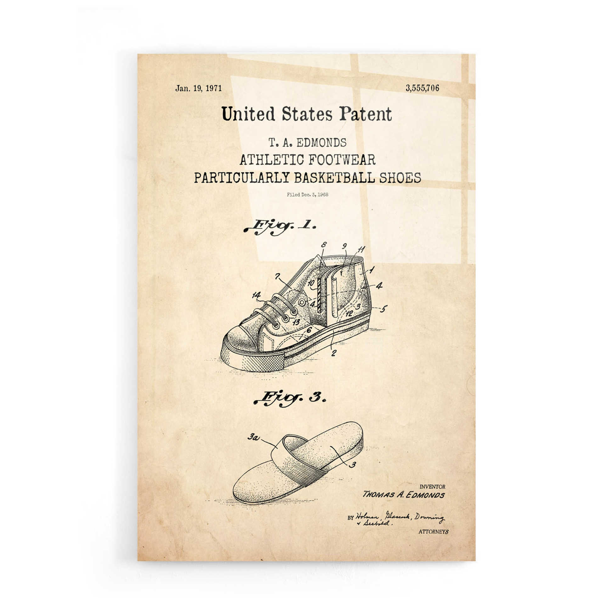 Epic Art 'Basketball Shoes Blueprint Patent Parchment,' Acrylic Glass Wall Art,16x24