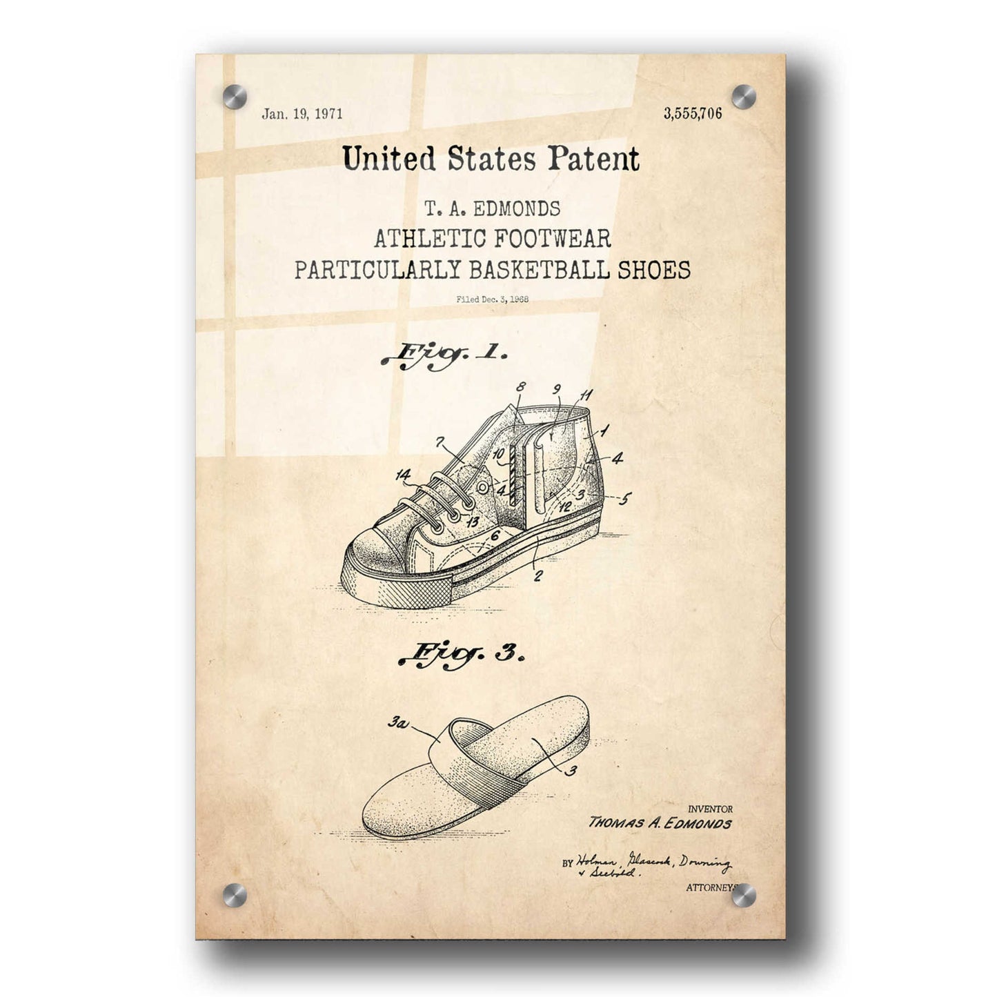 Epic Art 'Basketball Shoes Blueprint Patent Parchment,' Acrylic Glass Wall Art,24x36
