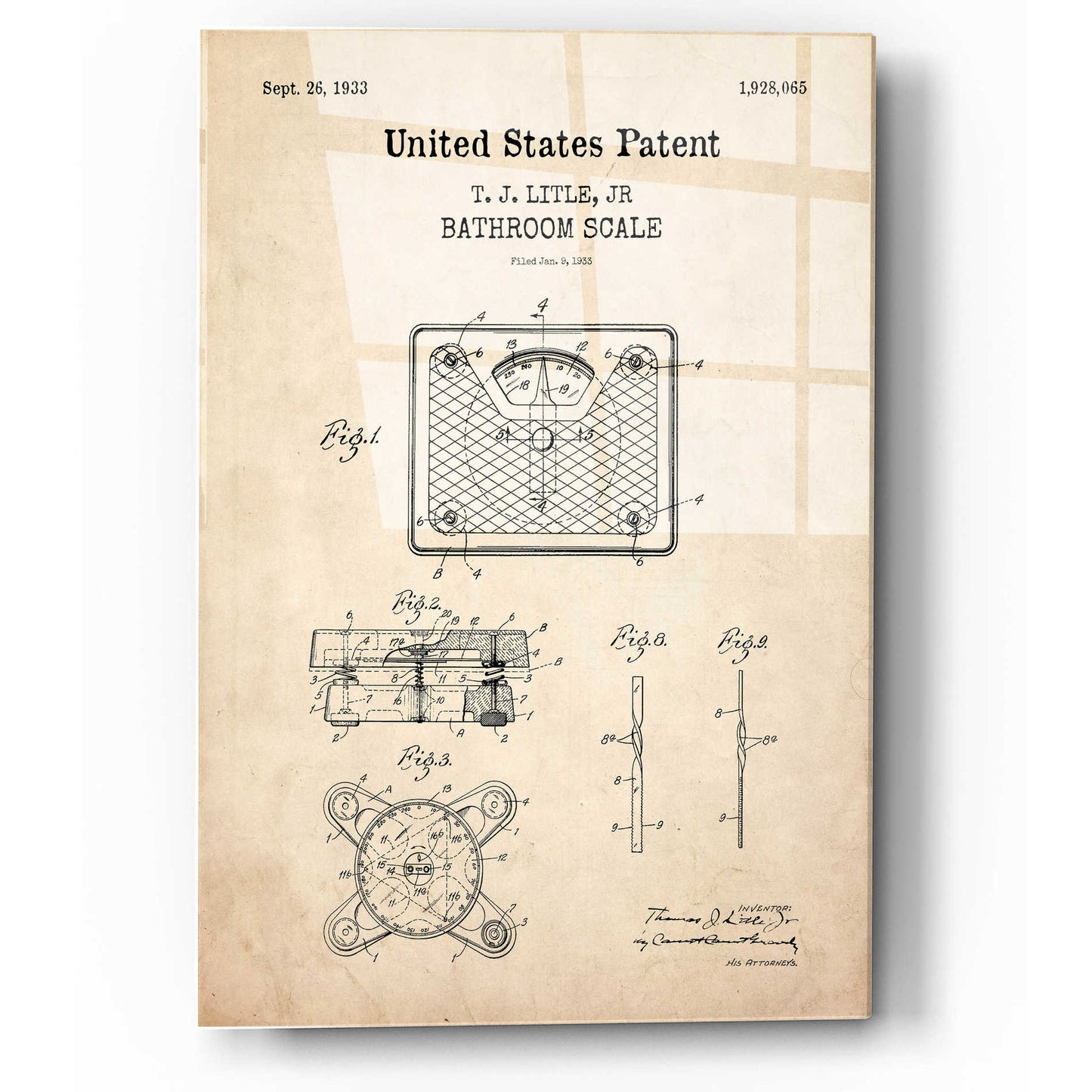 Epic Art 'Bathroom Scale Blueprint Patent Parchment,' Acrylic Glass Wall Art