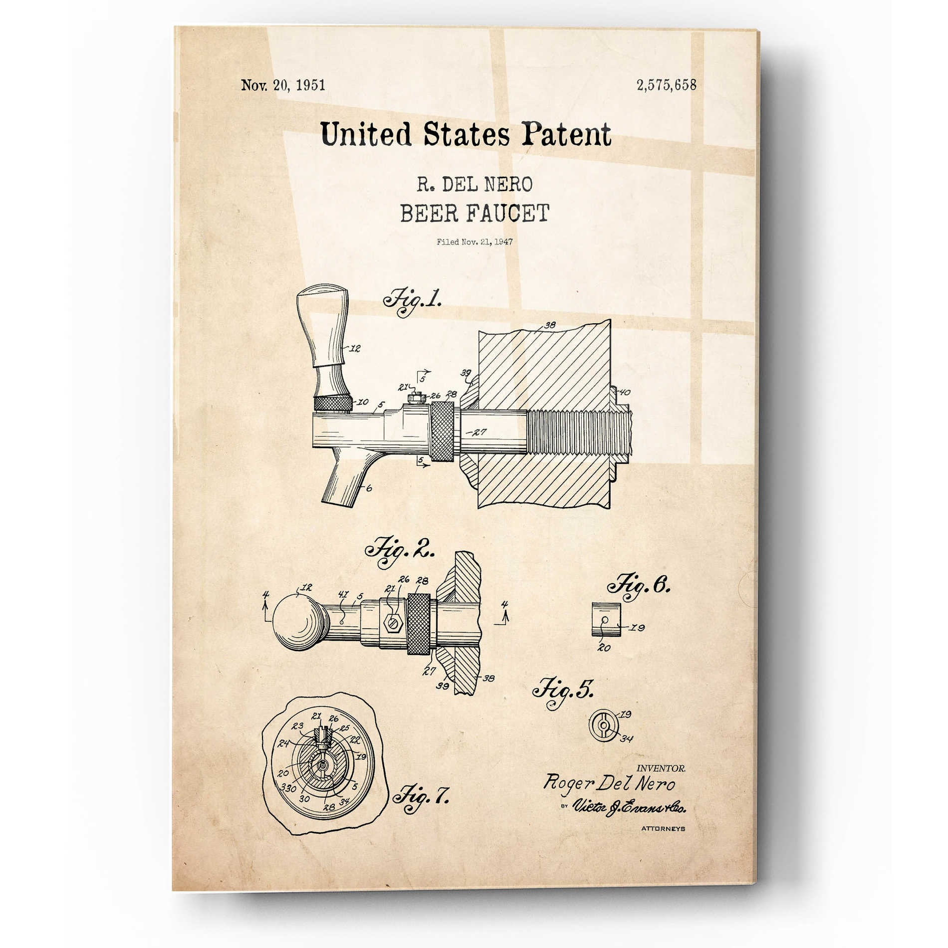 Epic Art 'Beer Faucet Blueprint Patent Parchment,' Acrylic Glass Wall Art,12x16