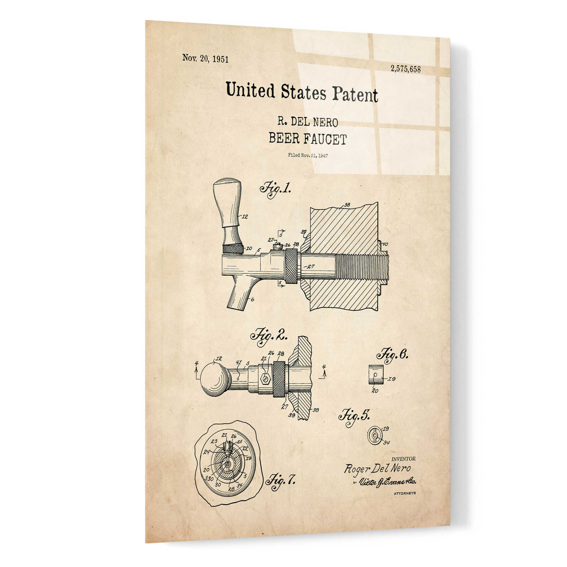 Epic Art 'Beer Faucet Blueprint Patent Parchment,' Acrylic Glass Wall Art,16x24