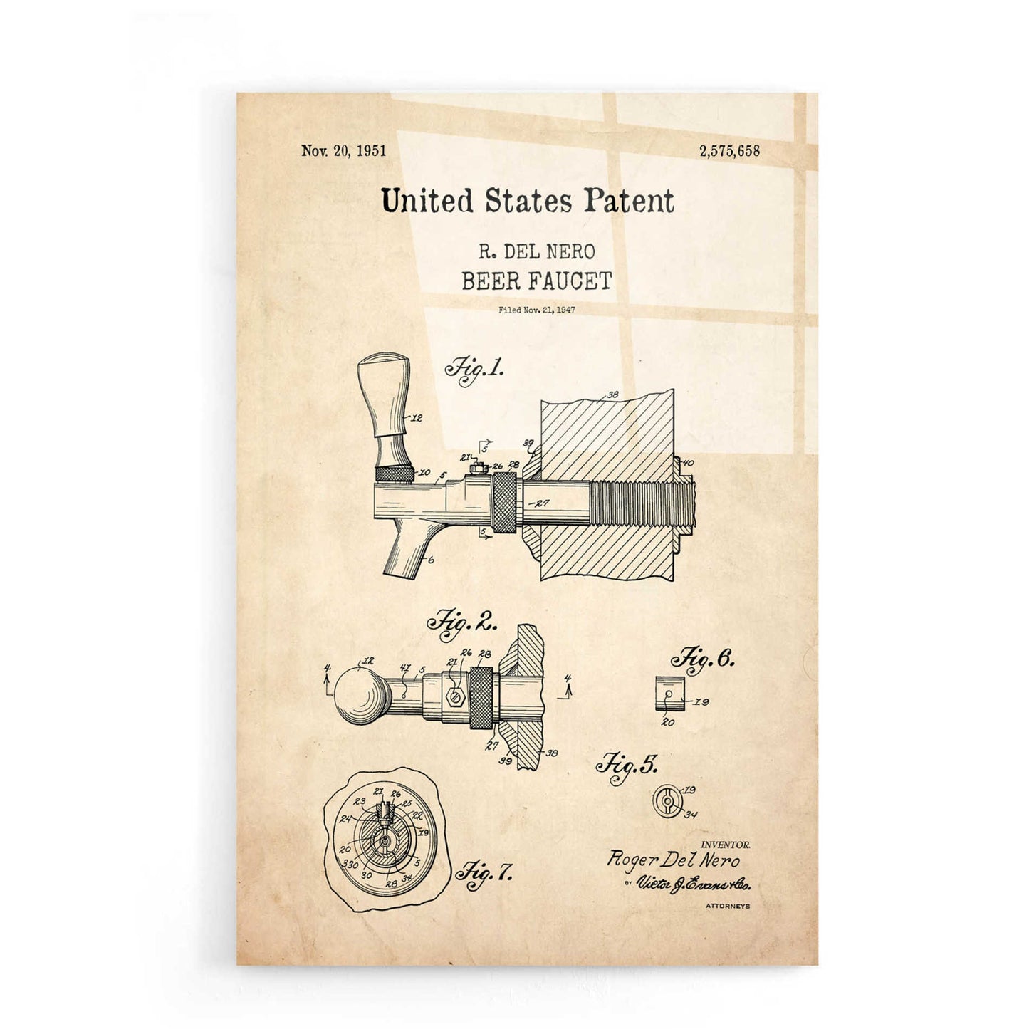 Epic Art 'Beer Faucet Blueprint Patent Parchment,' Acrylic Glass Wall Art,16x24