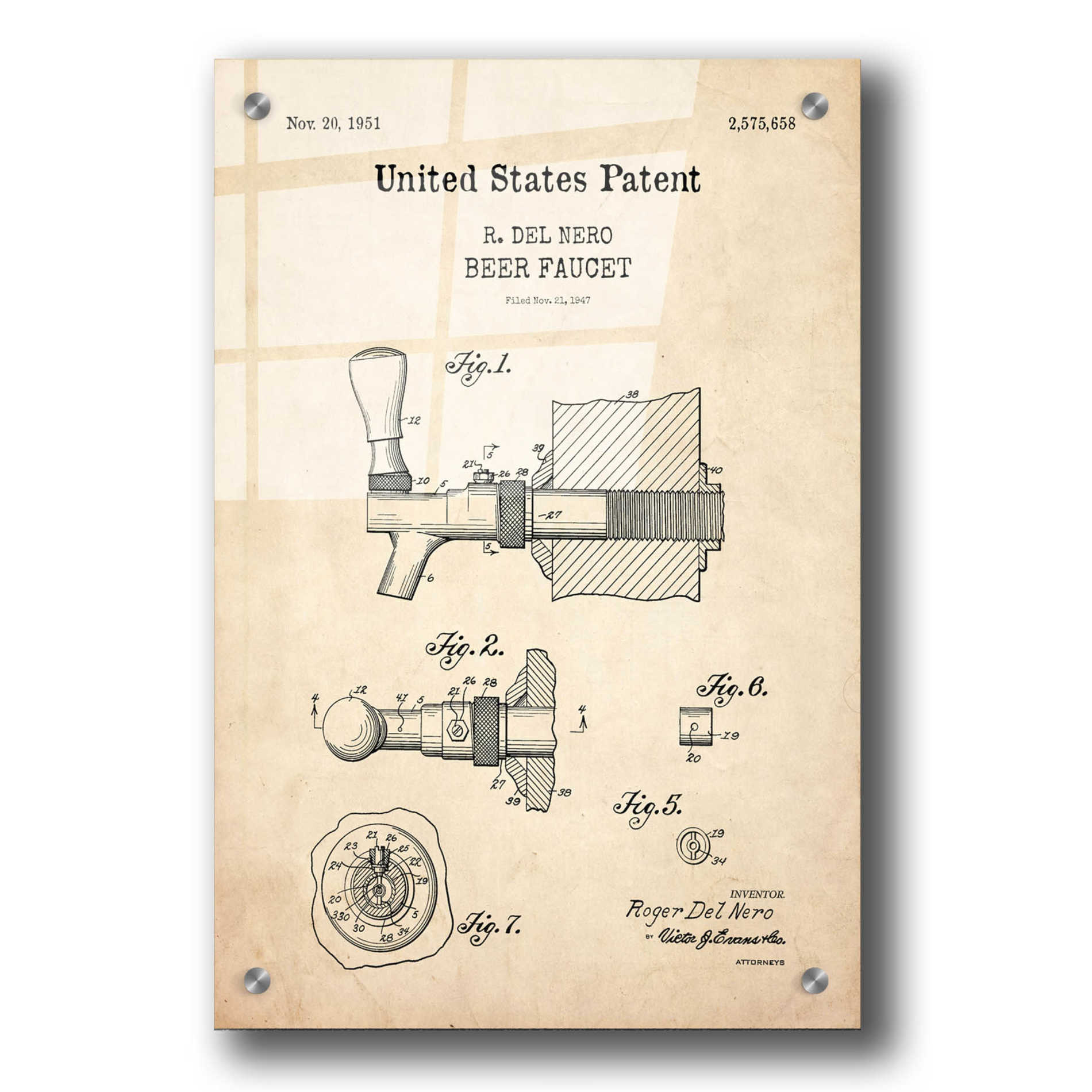 Epic Art 'Beer Faucet Blueprint Patent Parchment,' Acrylic Glass Wall Art,24x36