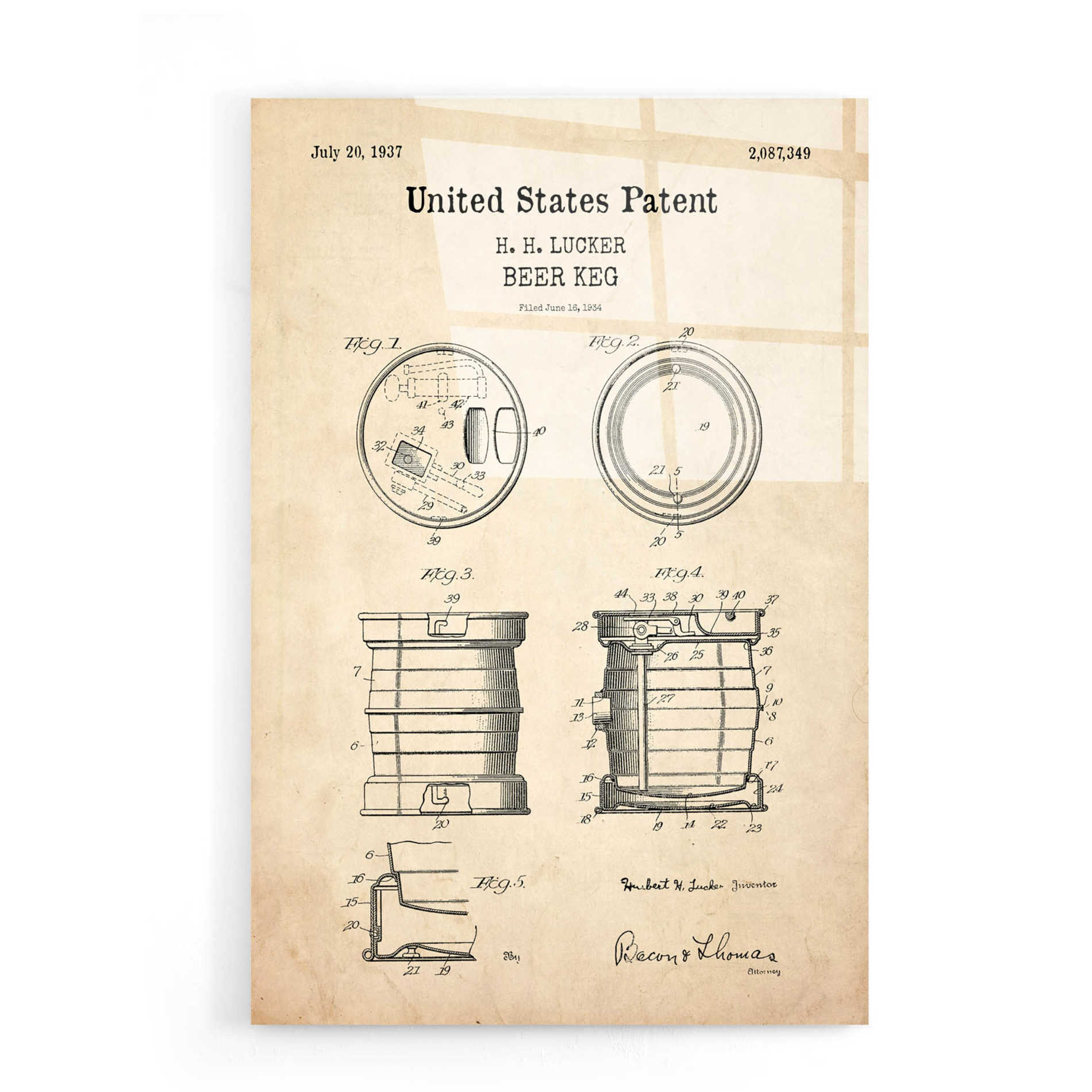 Epic Art 'Beer Keg Blueprint Patent Parchment,' Acrylic Glass Wall Art,16x24
