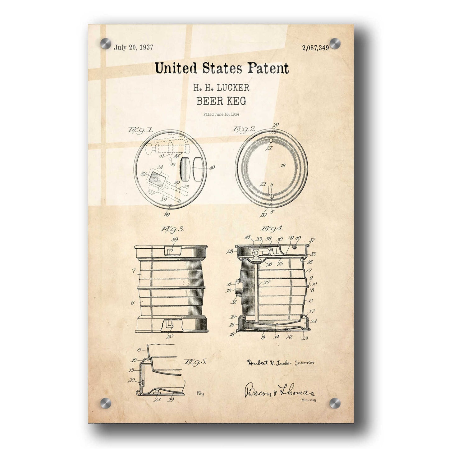 Epic Art 'Beer Keg Blueprint Patent Parchment,' Acrylic Glass Wall Art,24x36