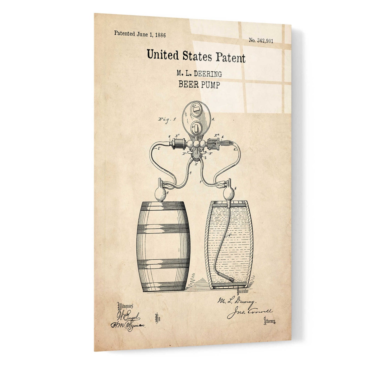 Epic Art 'Beer Pump Blueprint Patent Parchment,' Acrylic Glass Wall Art,16x24