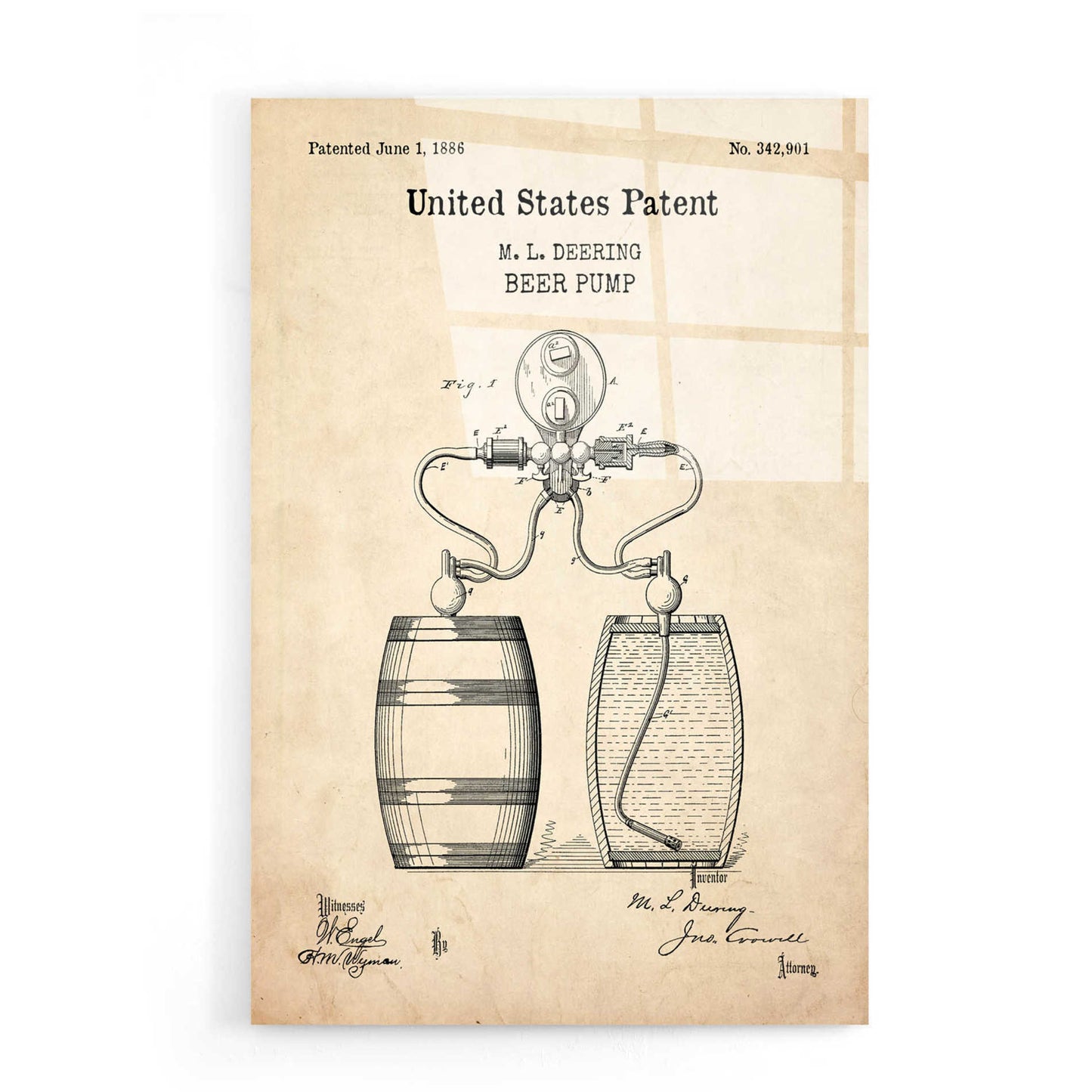Epic Art 'Beer Pump Blueprint Patent Parchment,' Acrylic Glass Wall Art,16x24