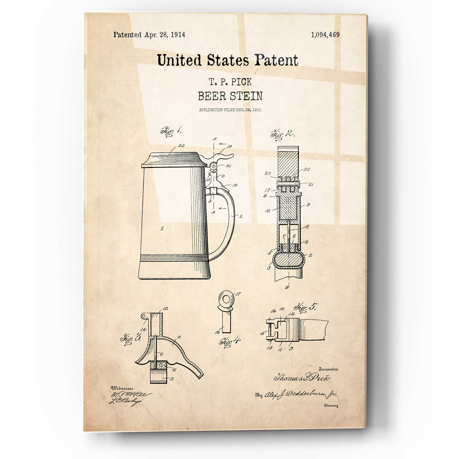 Epic Art 'Beer Stein Blueprint Patent Parchment,' Acrylic Glass Wall Art,12x16