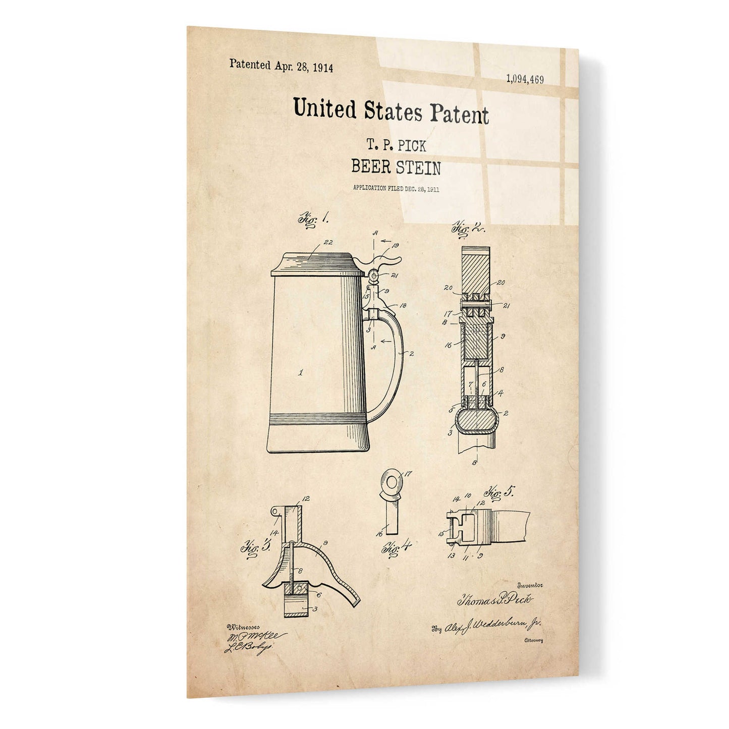 Epic Art 'Beer Stein Blueprint Patent Parchment,' Acrylic Glass Wall Art,16x24