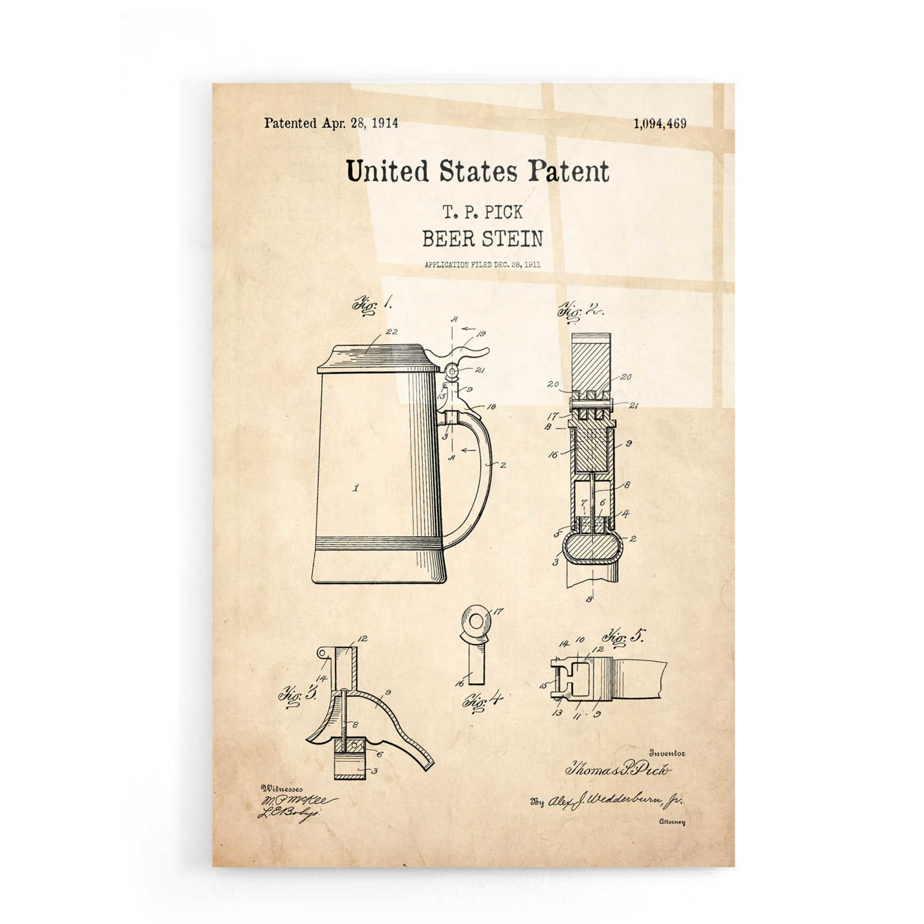 Epic Art 'Beer Stein Blueprint Patent Parchment,' Acrylic Glass Wall Art,16x24