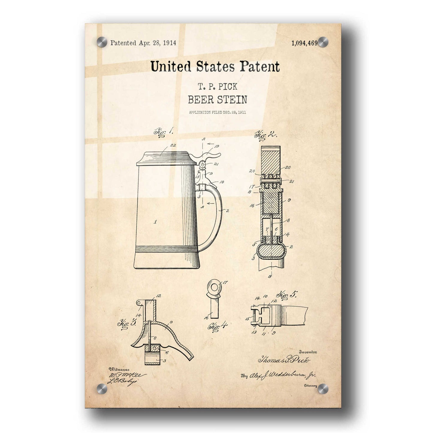 Epic Art 'Beer Stein Blueprint Patent Parchment,' Acrylic Glass Wall Art,24x36