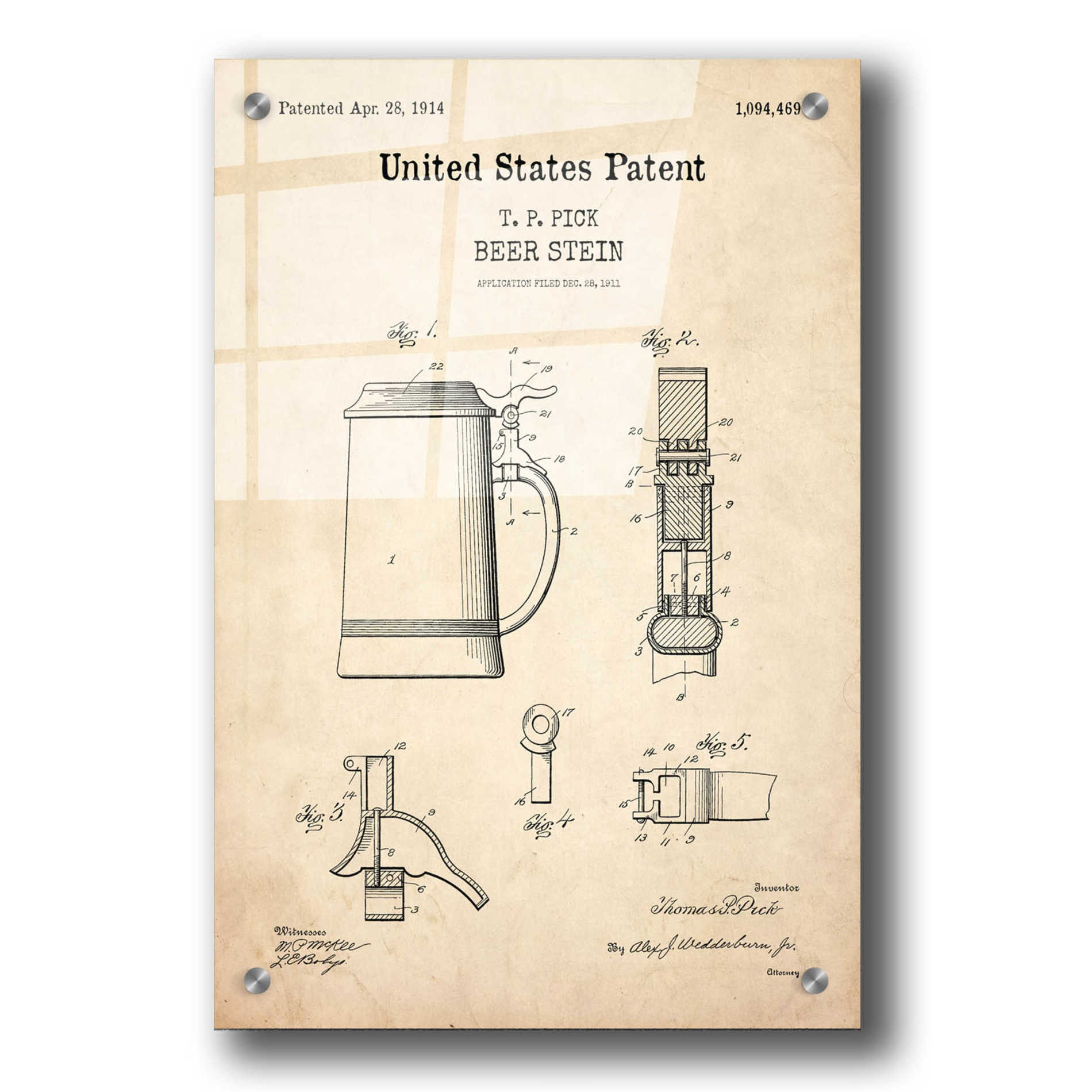 Epic Art 'Beer Stein Blueprint Patent Parchment,' Acrylic Glass Wall Art,24x36