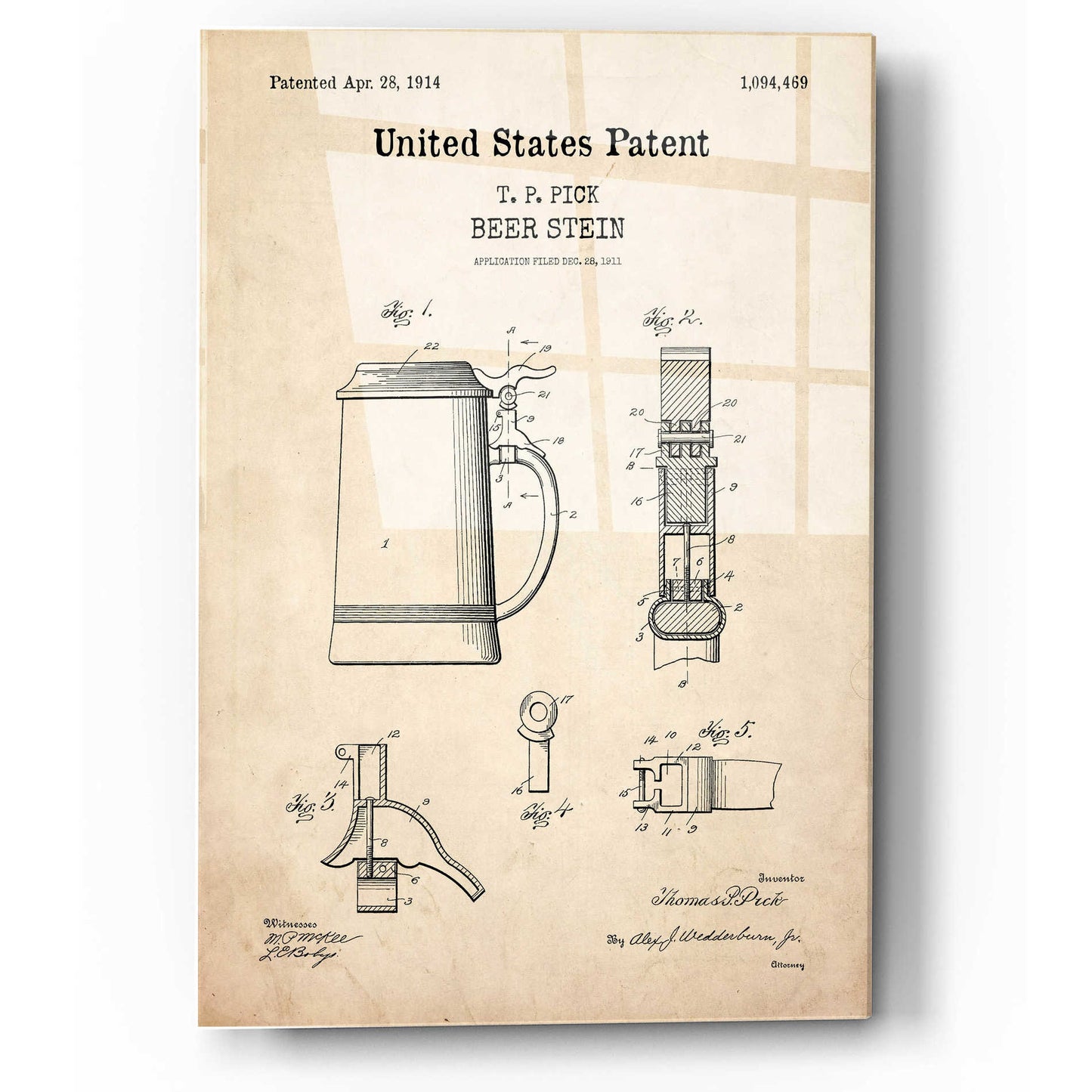 Epic Art 'Beer Stein Blueprint Patent Parchment,' Acrylic Glass Wall Art