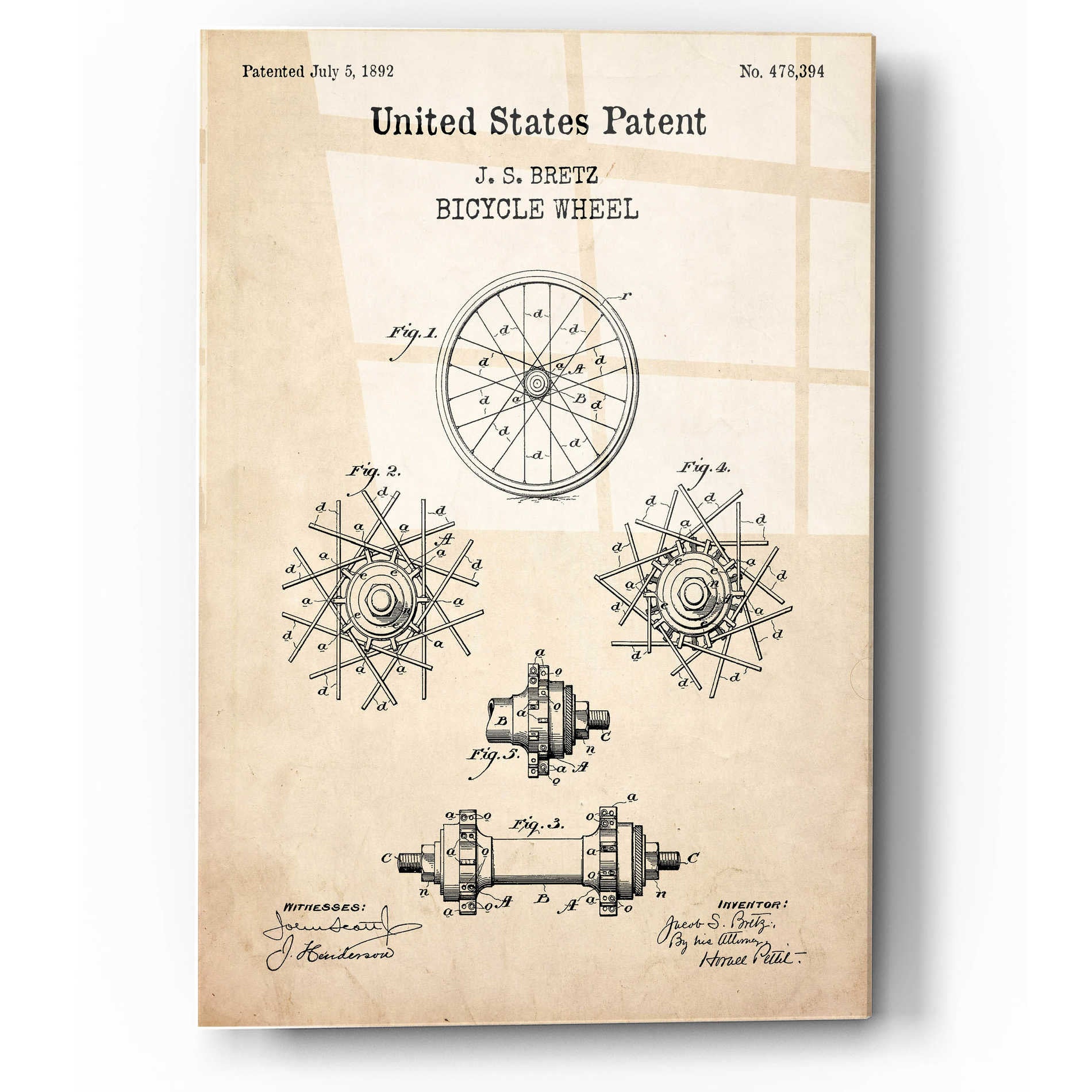 Epic Art 'Bicycle Wheel Blueprint Patent Parchment,' Acrylic Glass Wall Art,12x16