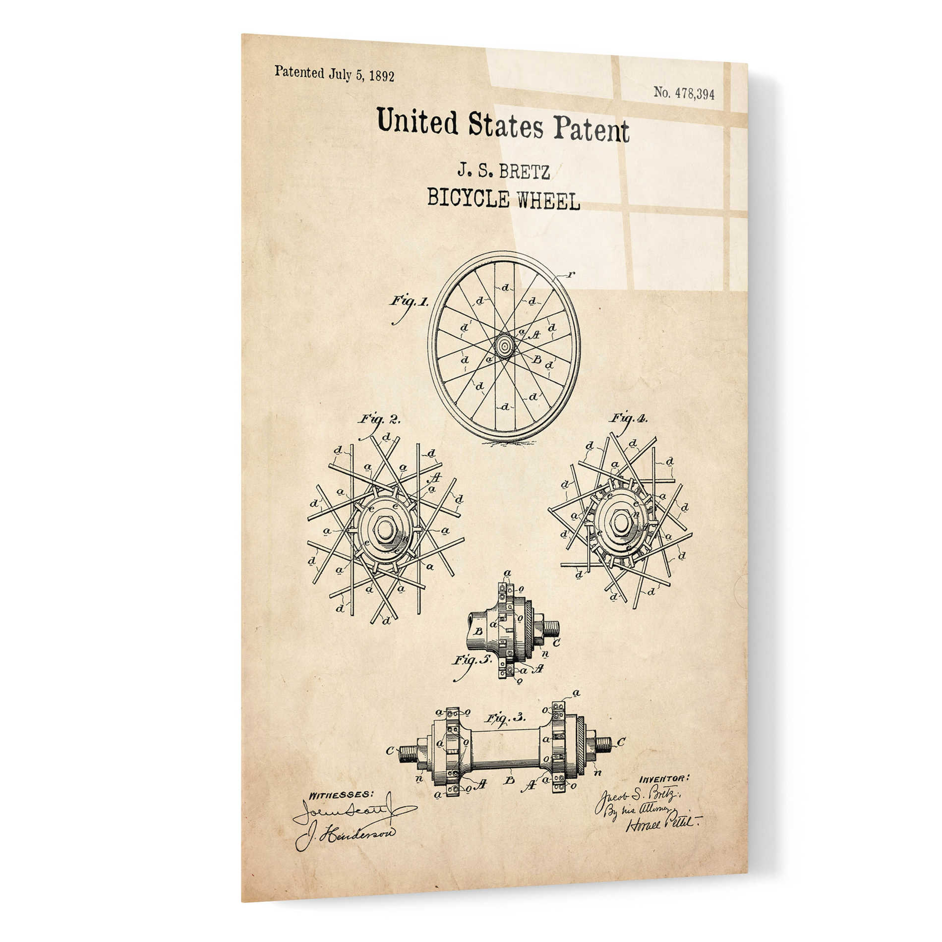 Epic Art 'Bicycle Wheel Blueprint Patent Parchment,' Acrylic Glass Wall Art,16x24