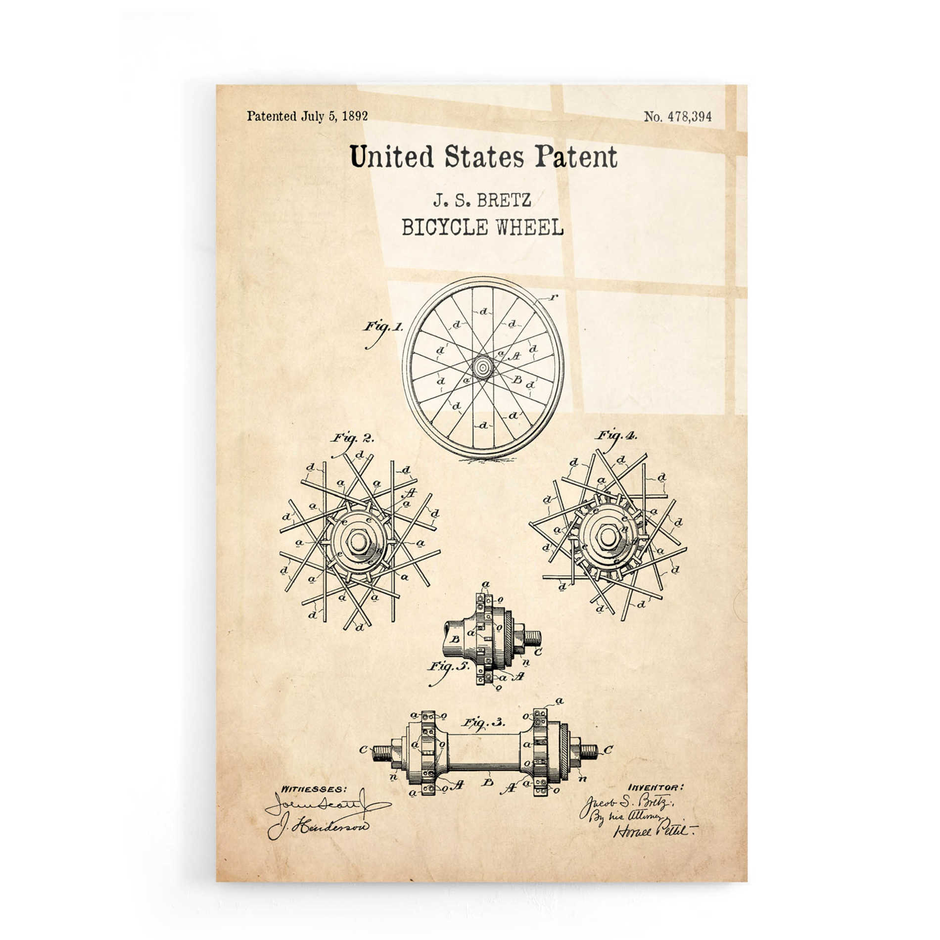 Epic Art 'Bicycle Wheel Blueprint Patent Parchment,' Acrylic Glass Wall Art,16x24
