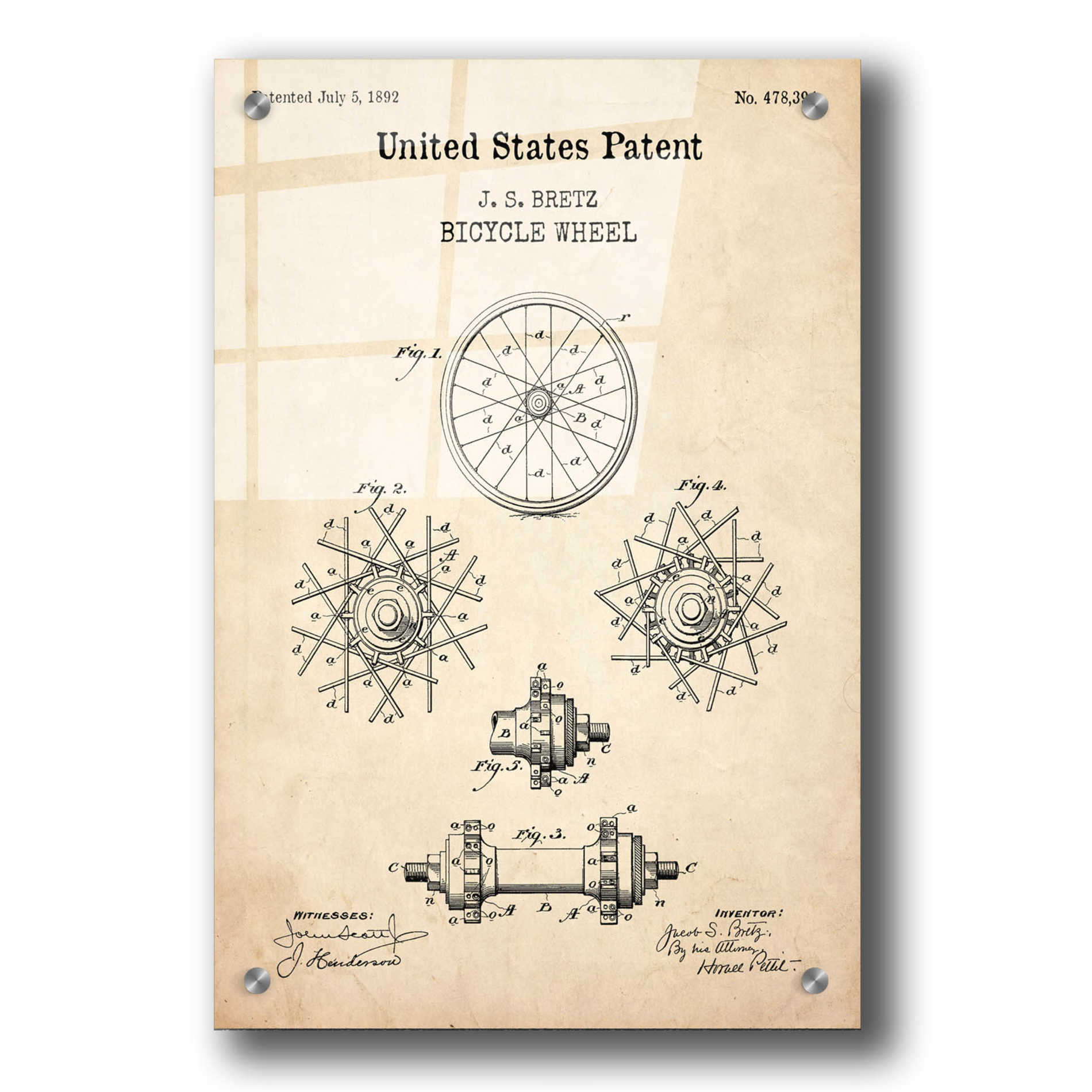 Epic Art 'Bicycle Wheel Blueprint Patent Parchment,' Acrylic Glass Wall Art,24x36
