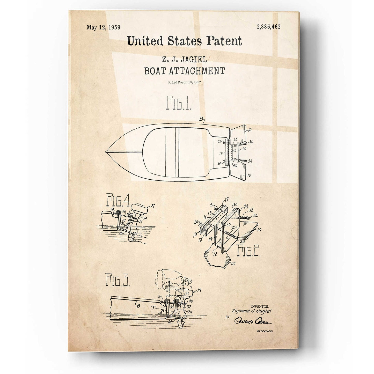 Epic Art 'Boat Attachment Blueprint Patent Parchment,' Acrylic Glass Wall Art