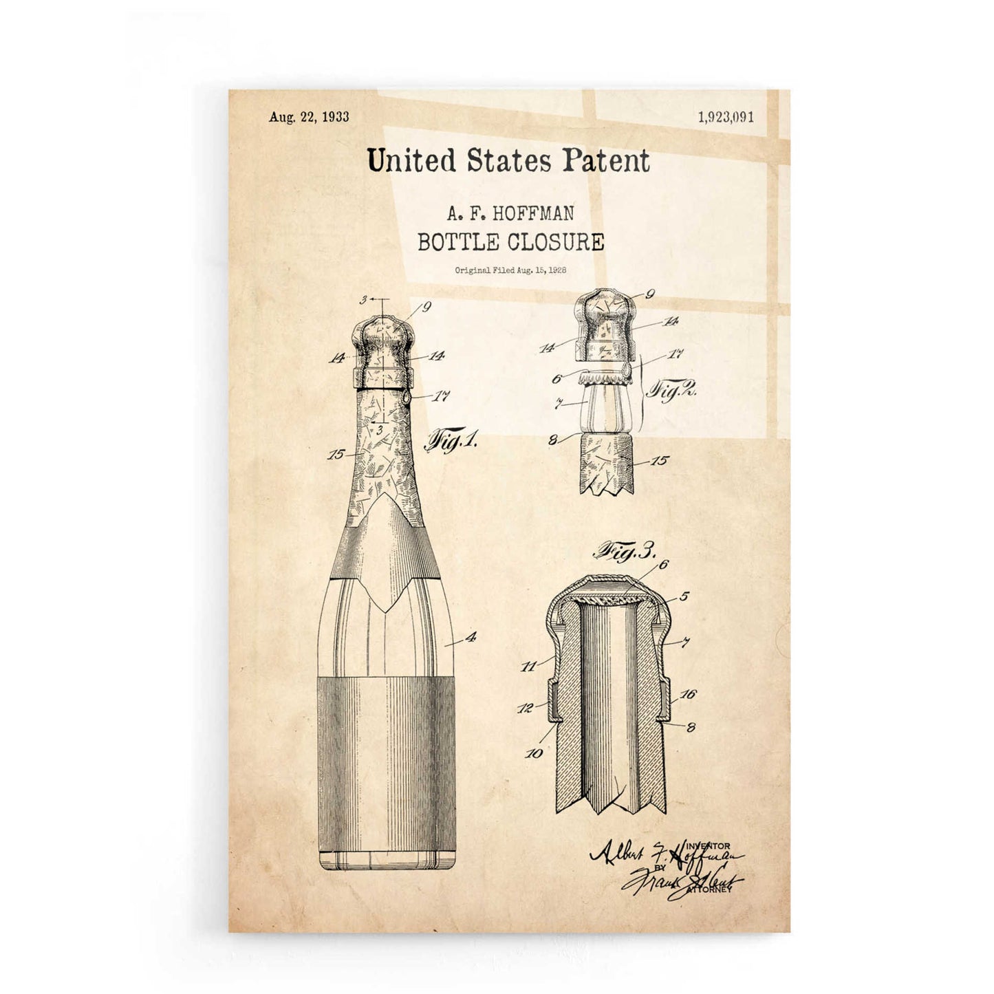 Epic Art 'Bottle Closure Blueprint Patent Parchment,' Acrylic Glass Wall Art,16x24