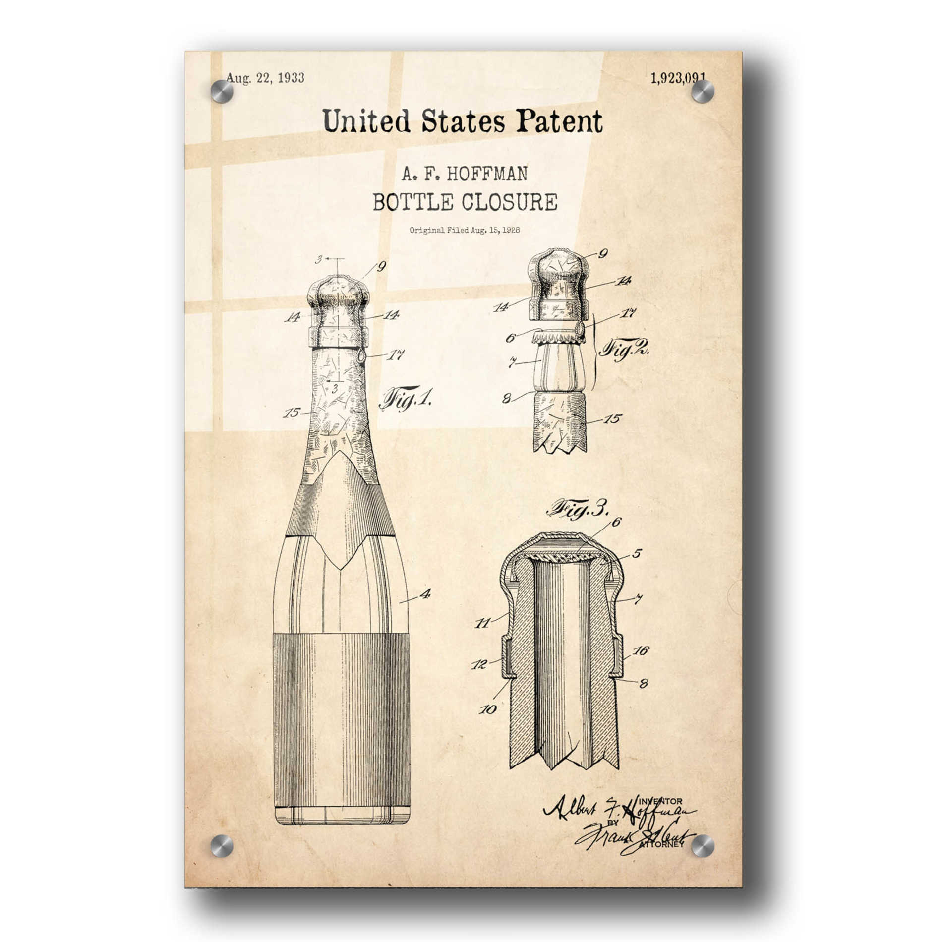 Epic Art 'Bottle Closure Blueprint Patent Parchment,' Acrylic Glass Wall Art,24x36