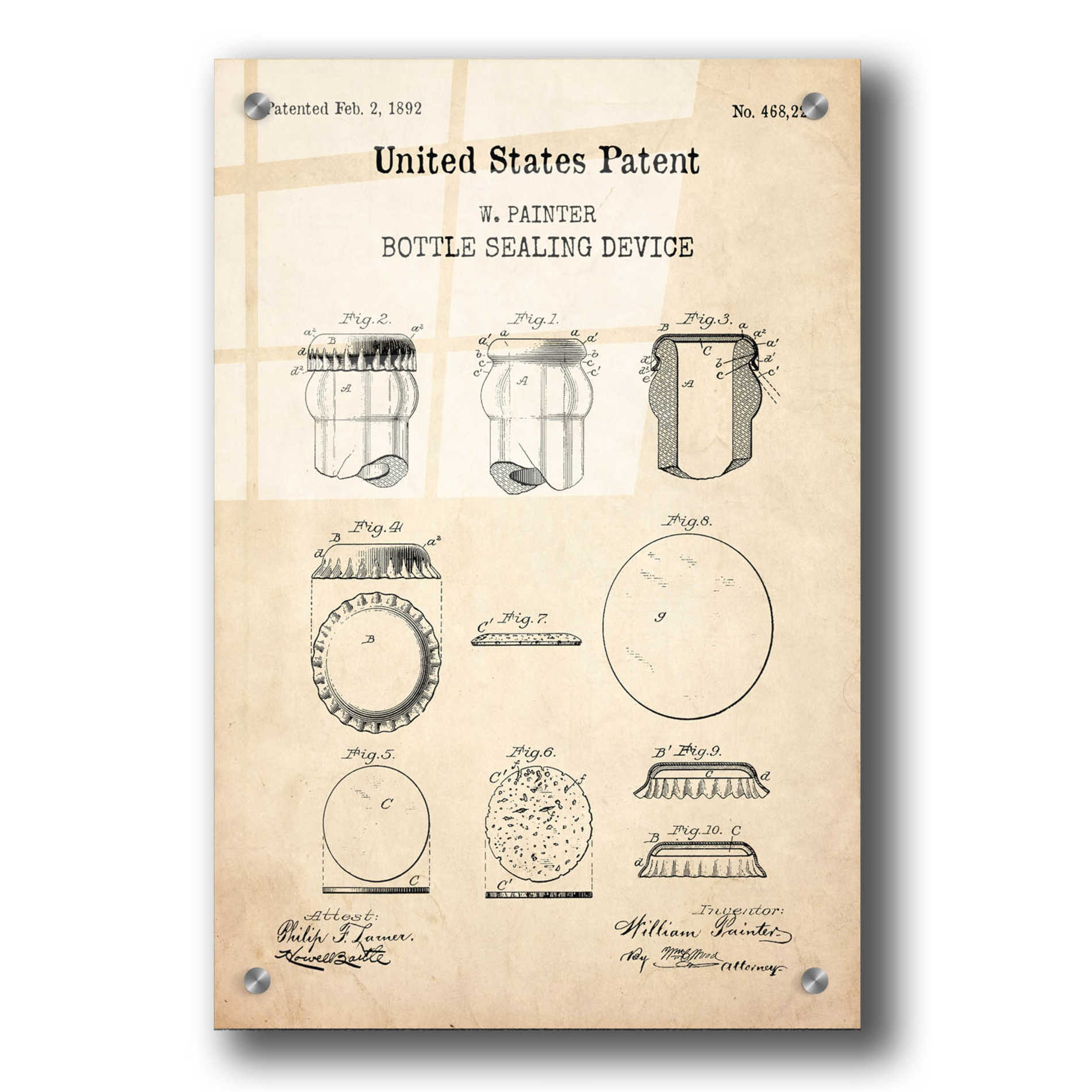 Epic Art 'Bottle Sealing Blueprint Patent Parchment,' Acrylic Glass Wall Art,24x36