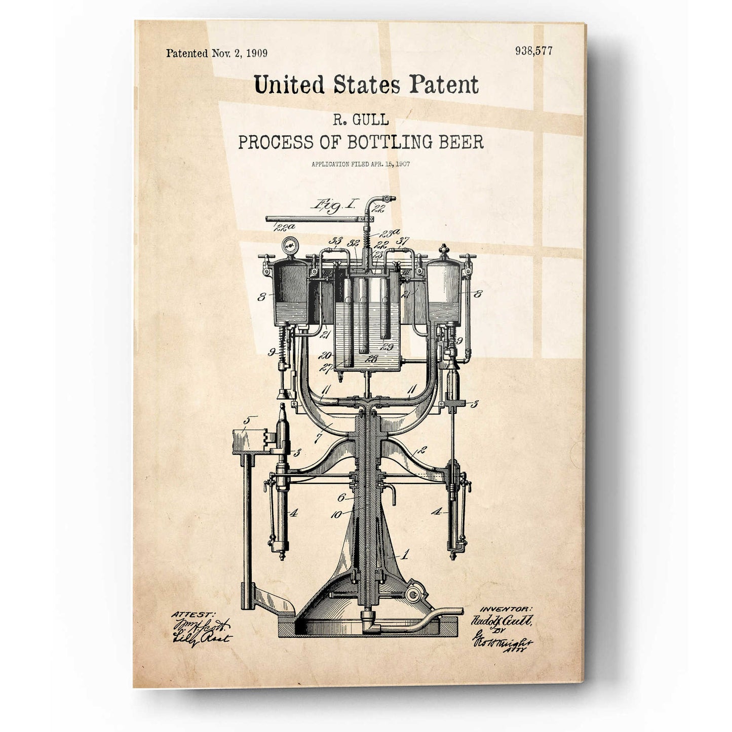 Epic Art 'Bottling Beer Machine Blueprint Patent Parchment,' Acrylic Glass Wall Art,12x16