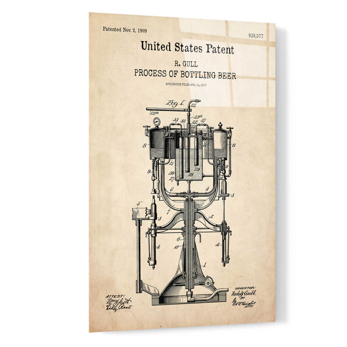 Epic Art 'Bottling Beer Machine Blueprint Patent Parchment,' Acrylic Glass Wall Art,16x24