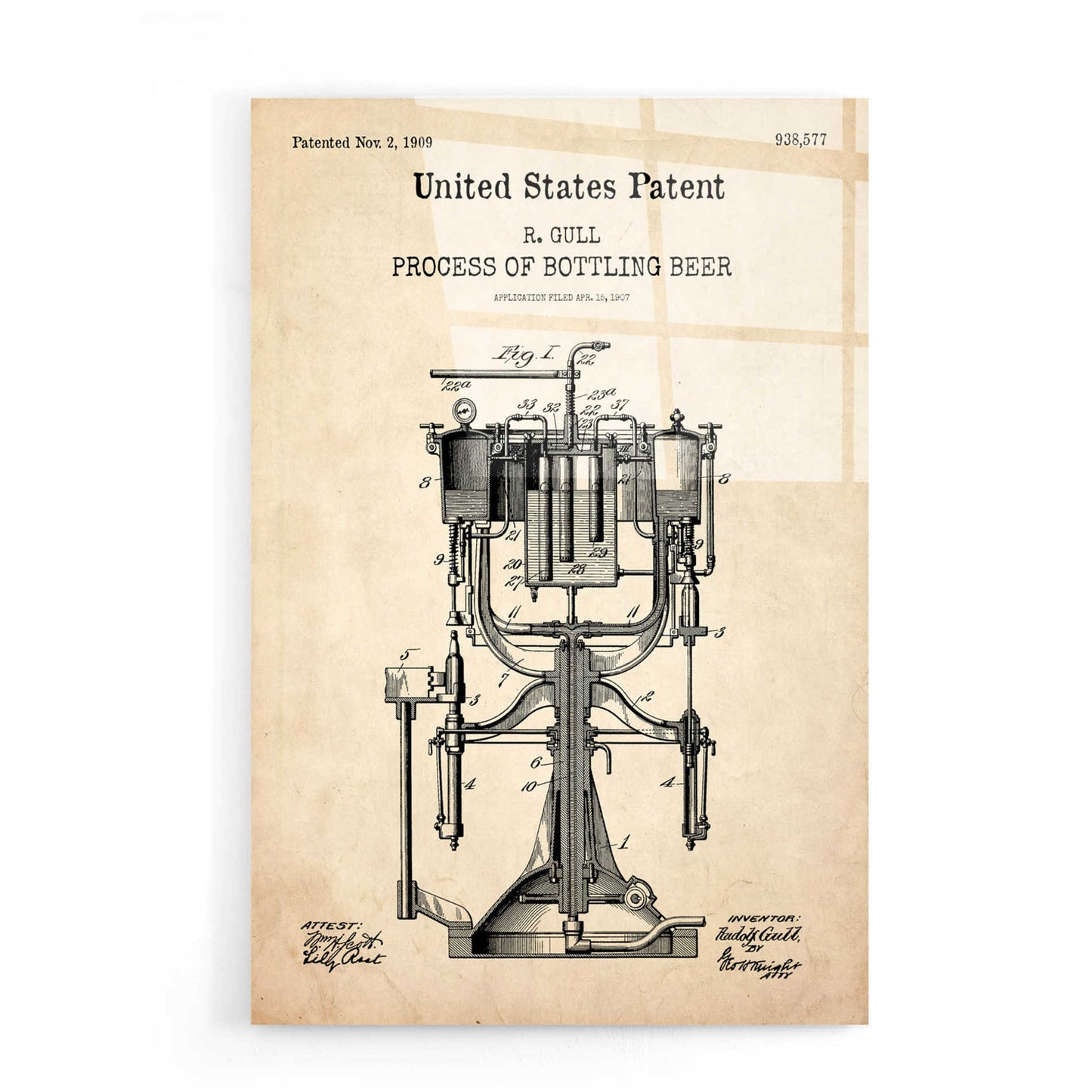 Epic Art 'Bottling Beer Machine Blueprint Patent Parchment,' Acrylic Glass Wall Art,16x24