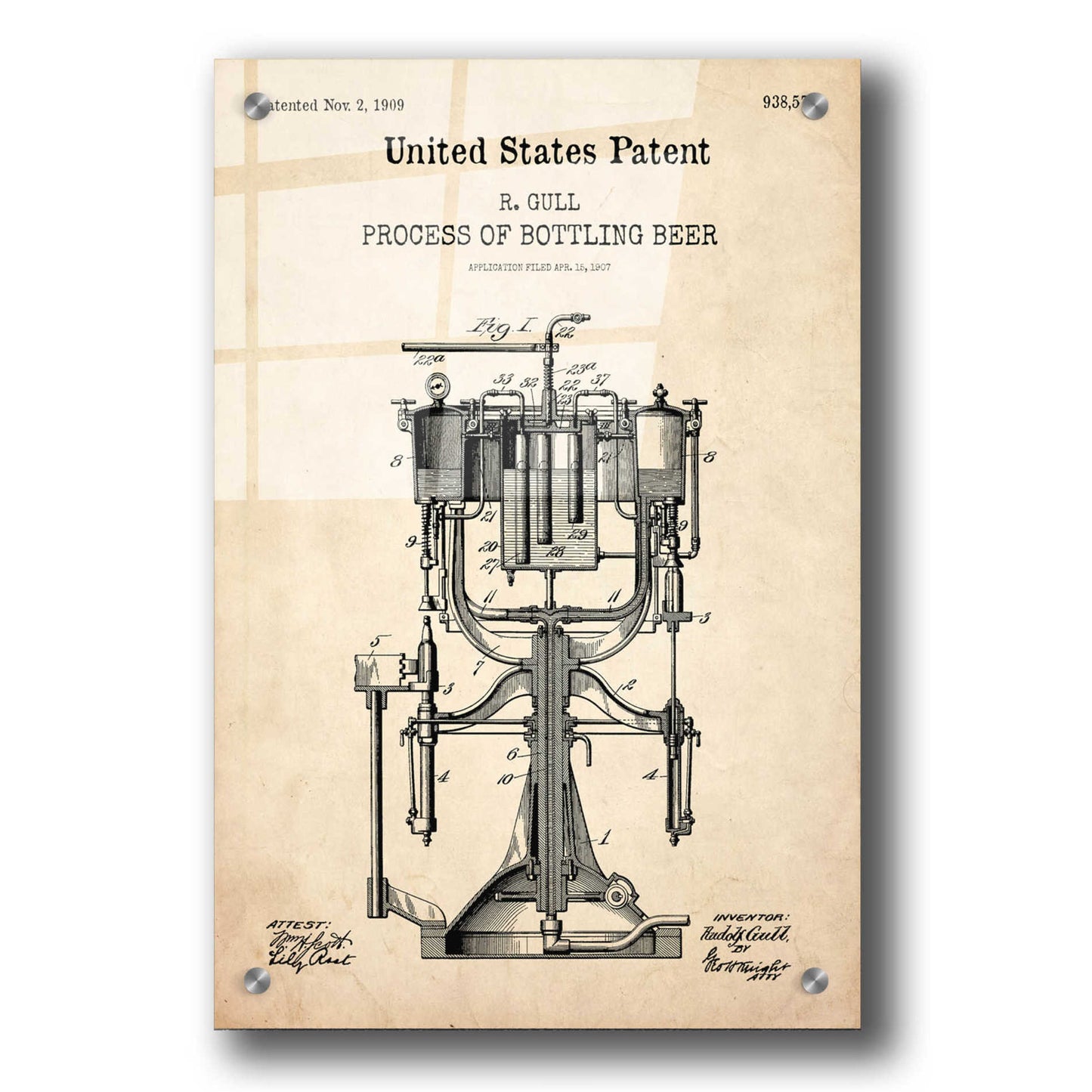 Epic Art 'Bottling Beer Machine Blueprint Patent Parchment,' Acrylic Glass Wall Art,24x36