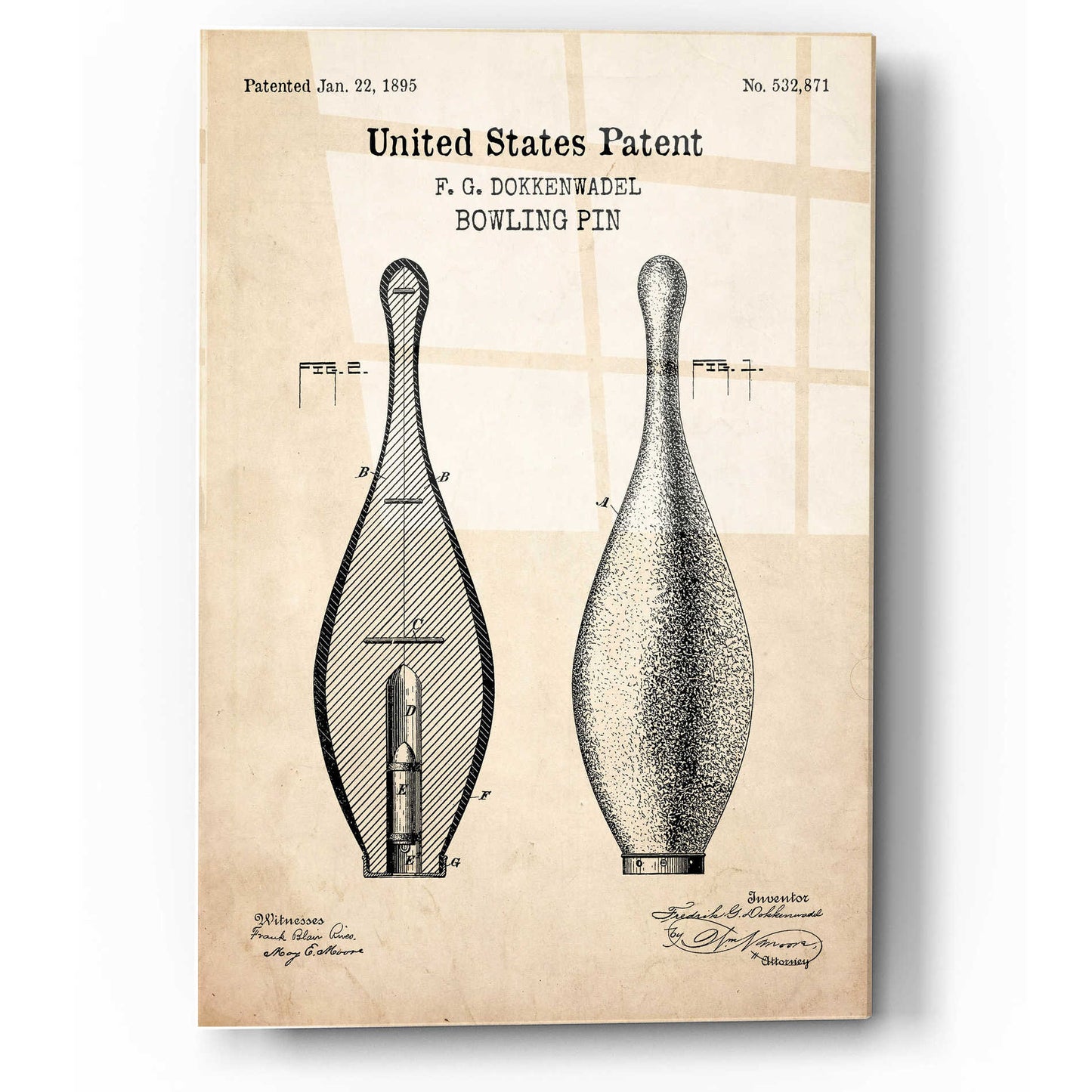 Epic Art 'Bowling Pin Blueprint Patent Parchment,' Acrylic Glass Wall Art,12x16