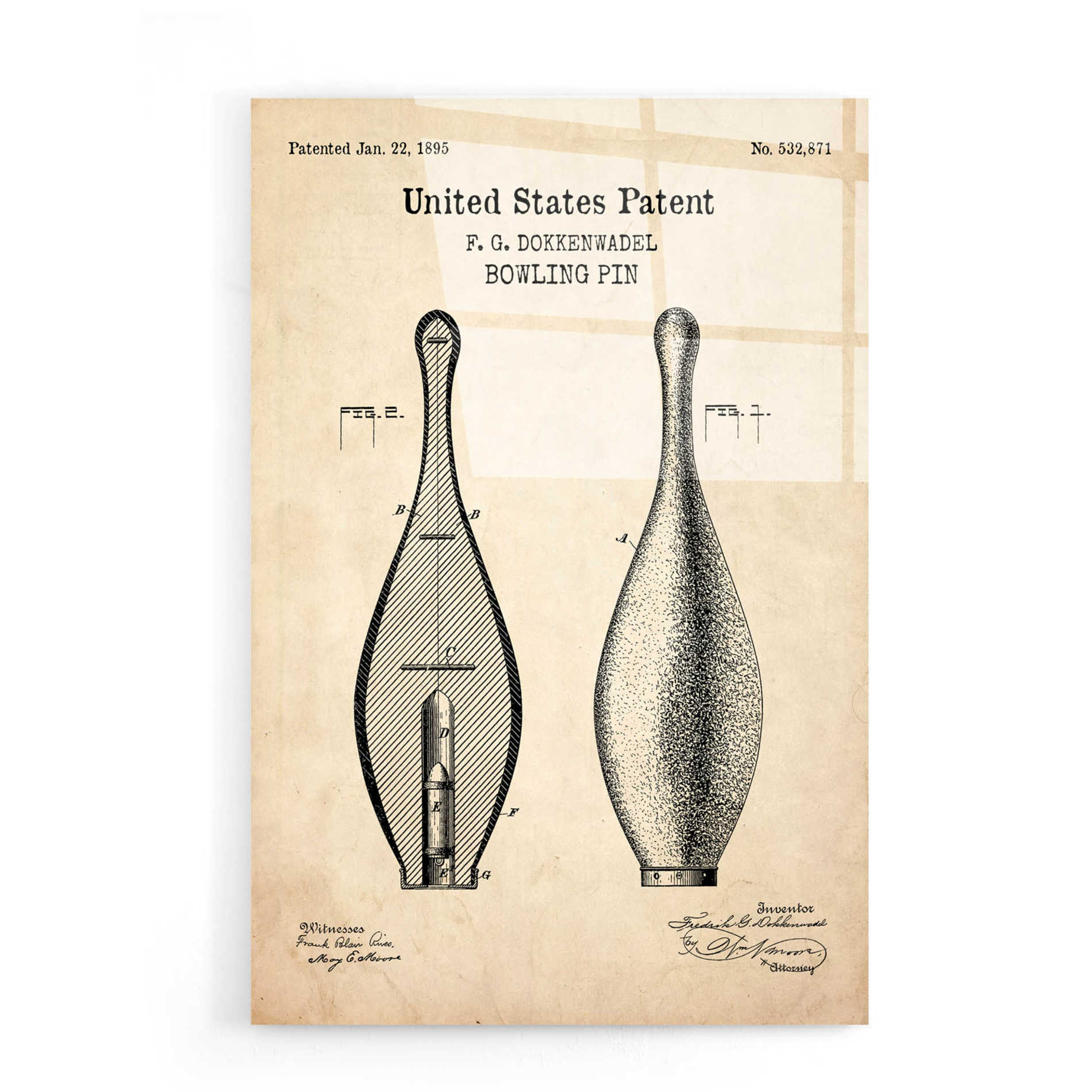 Epic Art 'Bowling Pin Blueprint Patent Parchment,' Acrylic Glass Wall Art,16x24